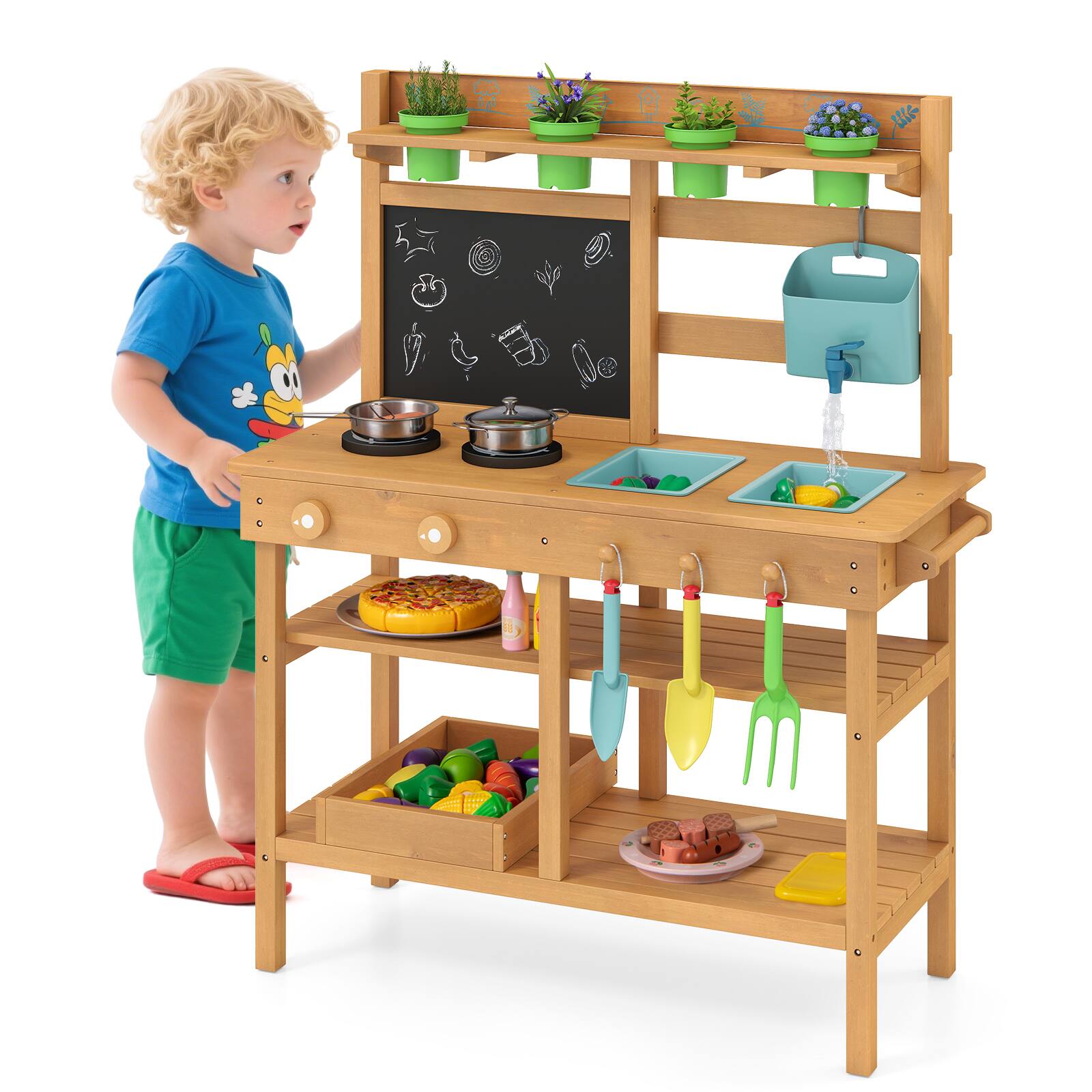 Front. Gymax - Gymax Kids Mud Kitchen w/Faucet Removable Sinks Chalkboard Stovetops Rotation Knobs - Natural.