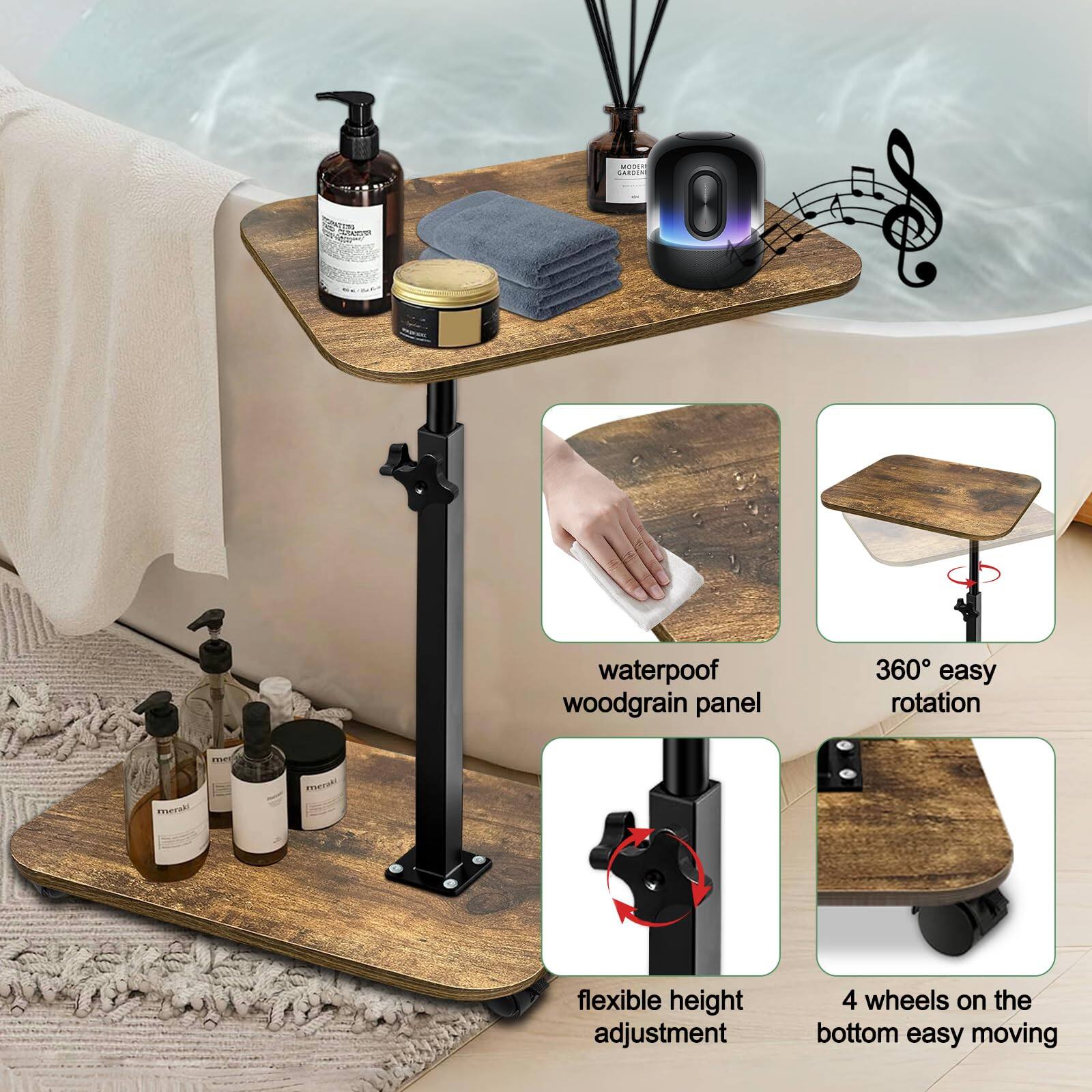 - Waterproof woodgrain panel
- 360° easy rotation
- Flexible height adjustment
- 4 wheels on the bottom easy moving