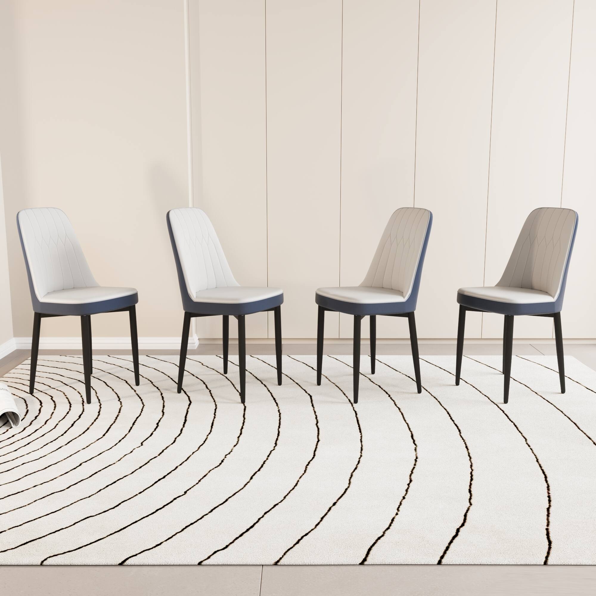 Angle. Tiramisubest - Modern Style Dining Chair Set of 4, High-Quality PU Leather with Thick Cushions, Black Metal Legs, White and Blue - White.