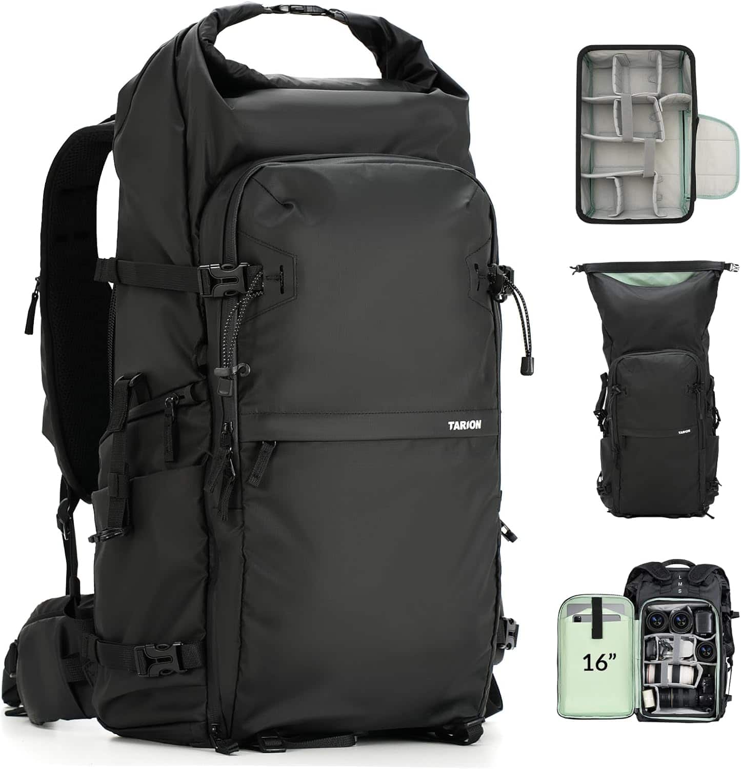TARION - XProber 35L Camera Backpack: Waterproof Urban Rolltop Bag with Side Access & 16" Laptop Slot for DSLR and Drones - Black