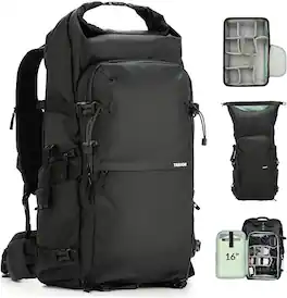 TARION - XProber 35L Camera Backpack: Waterproof Urban Rolltop Bag with Side Access & 16" Laptop Slot for DSLR and Drones - Black
