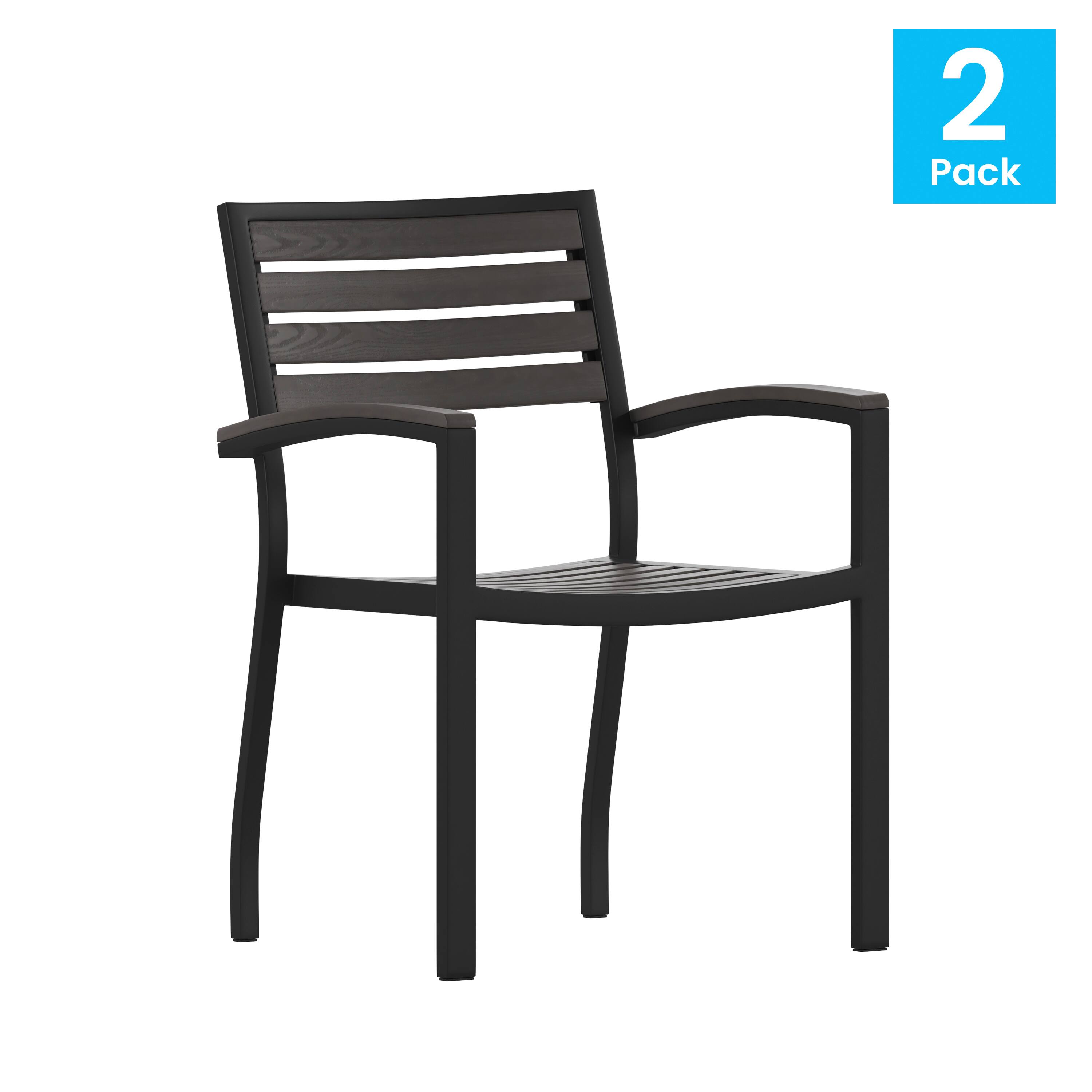 Alt View 1. Emma + Oliver - Set of 2 Stackable All-Weather Aluminum Patio Chairs with Faux Teak Slats - Gray Wash Teak.