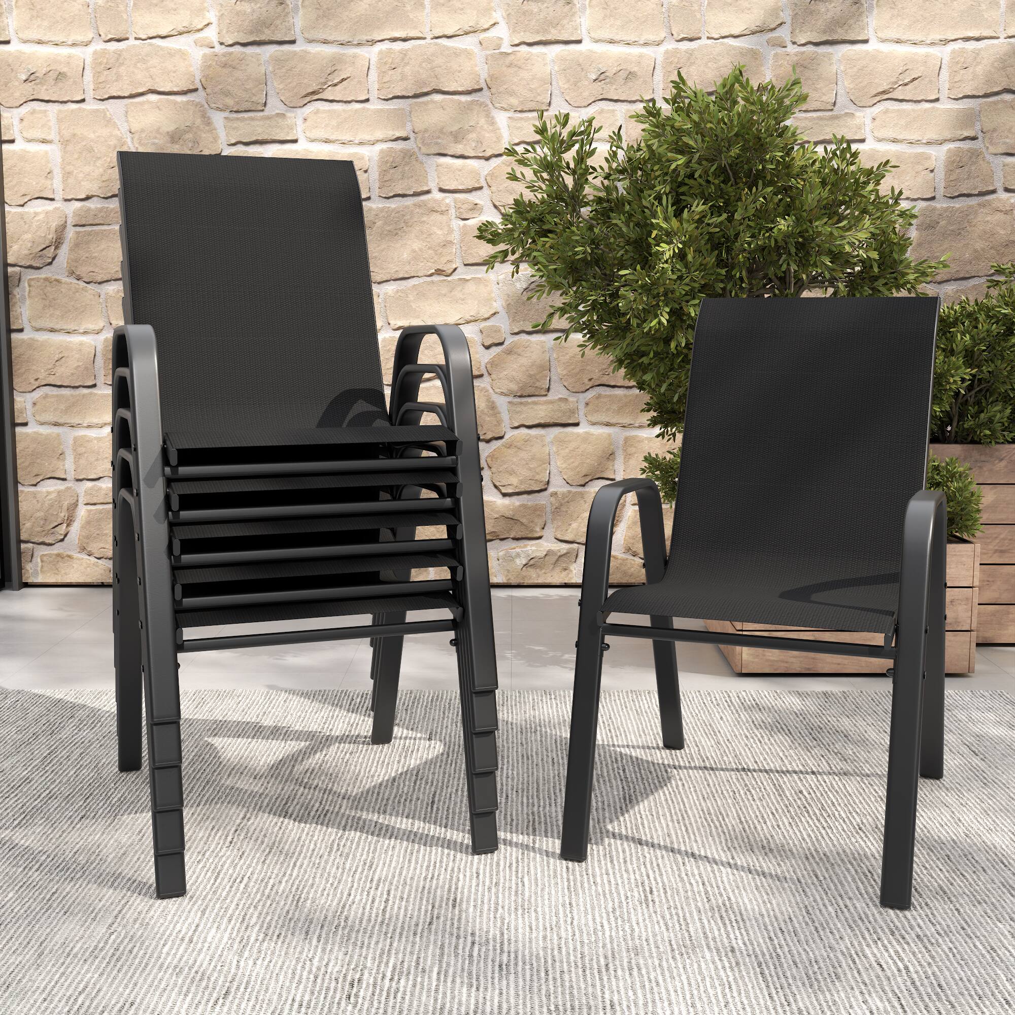 Front. Mondawe - 6-Piece Outdoor Dining Chairs Set, Teslin Fabric and Metal Frame - Black.