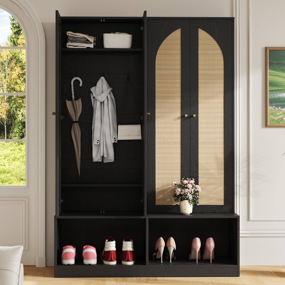 Angle. Loheer - Loheer Farmhouse Hall Tree with Rattan Doors, 4-In-1 Entryway Seating Bench, Black 55.1"W - Black.