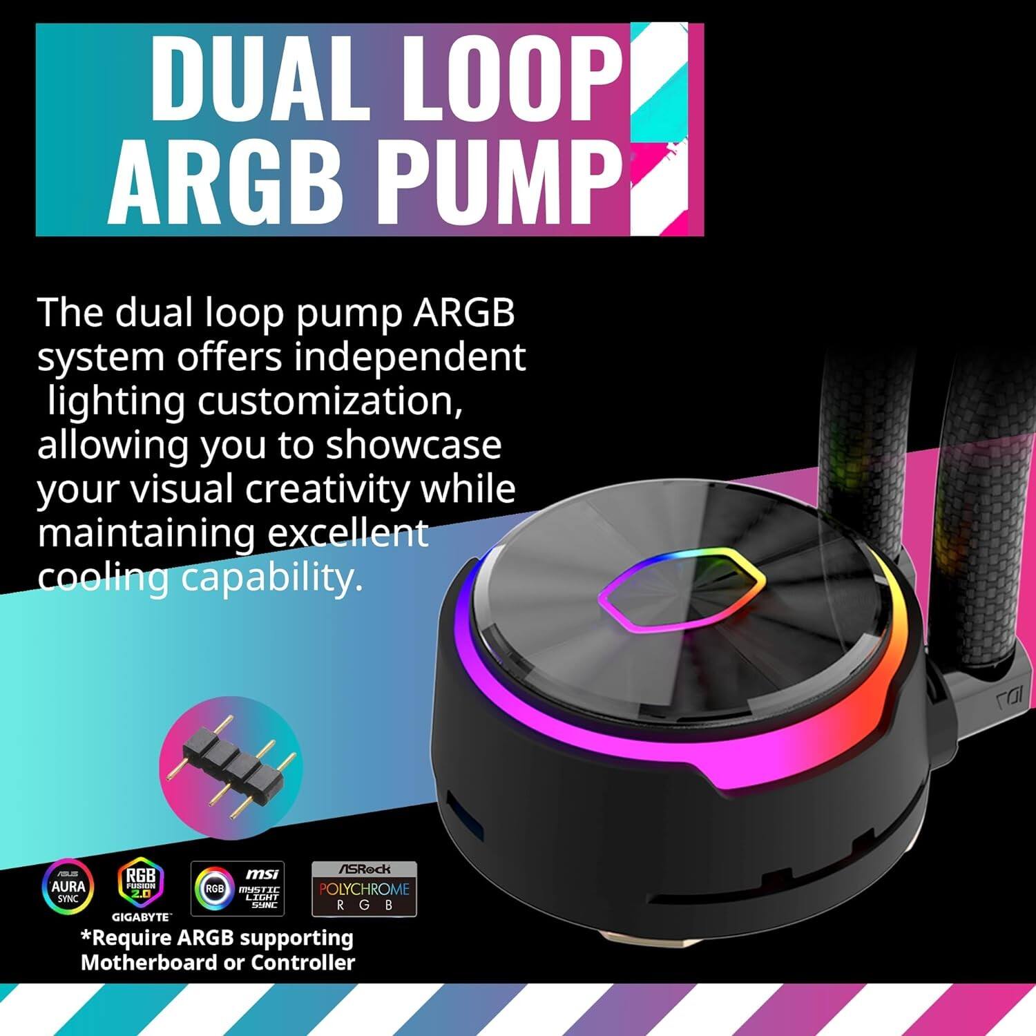 DUAL LOOP ARGB PUMP

The dual loop pump ARGB system offers independent lighting customization, allowing you to showcase your visual creativity while maintaining excellent cooling capability.

a -L msi ASReck RGB AURA Fostin RGB POLYCHROME HPSTIE 2.0 SINC LIGNE SOL R G B GIGABYTE

*Require ARGB supporting Motherboard or Controller