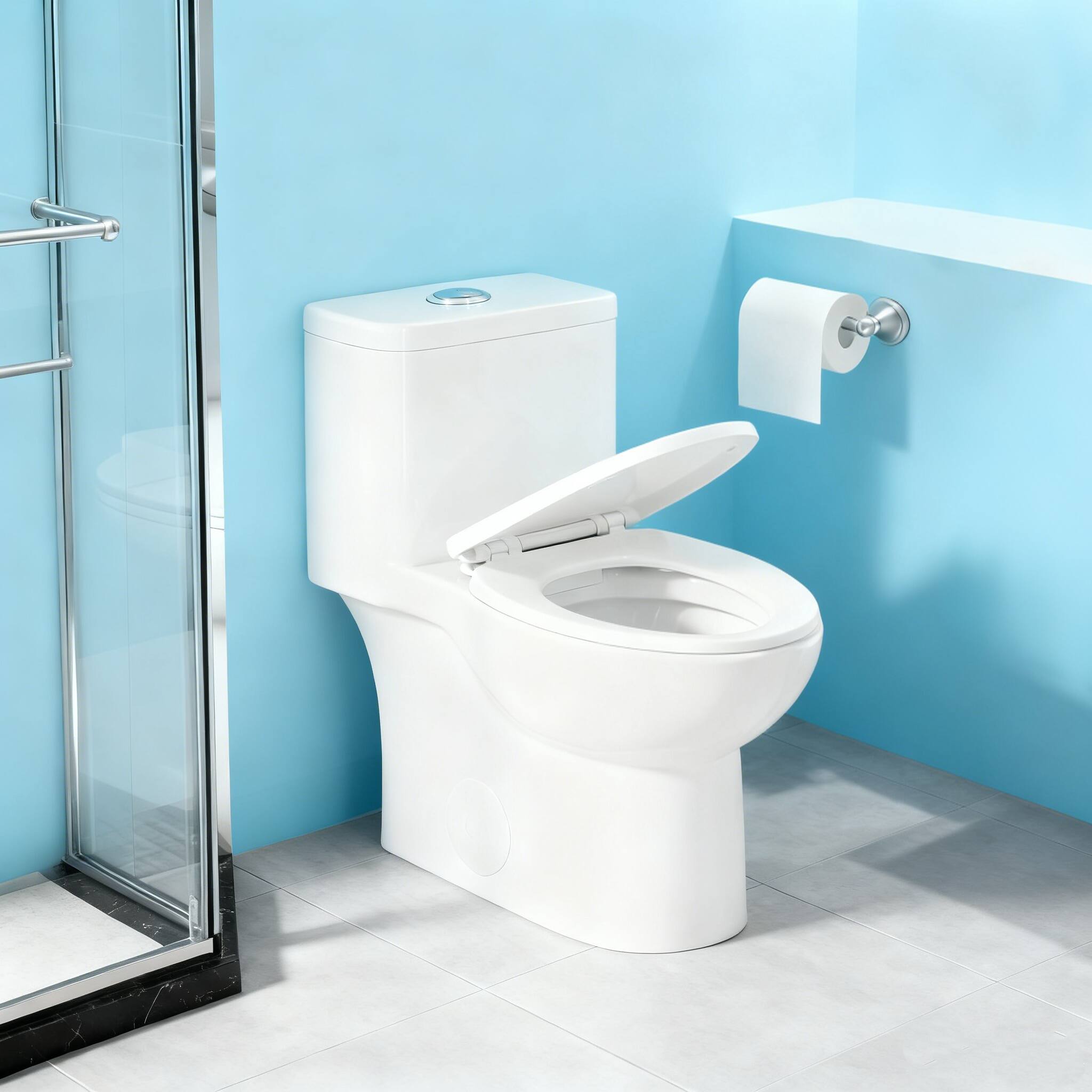 Left. TinyHomie - White Ceramic One Piece Toilet Elongated Bowl with Soft Close Seat and Quick Release Design 25I807G - White.