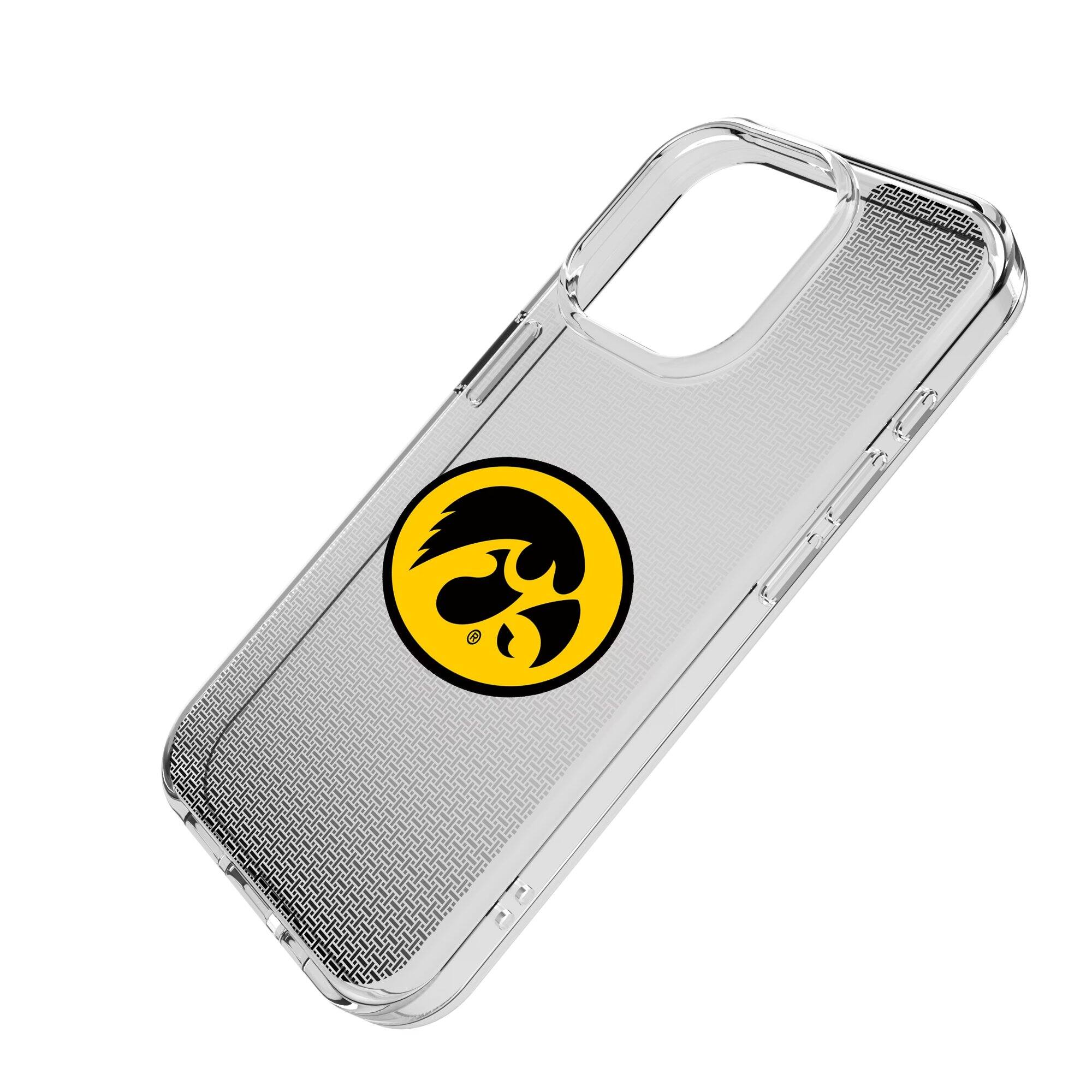 Alt View 1. Keyscaper - Iowa Hawkeyes Linen Logo iPhone Clear Case - 14 Pro - Multicolor.
