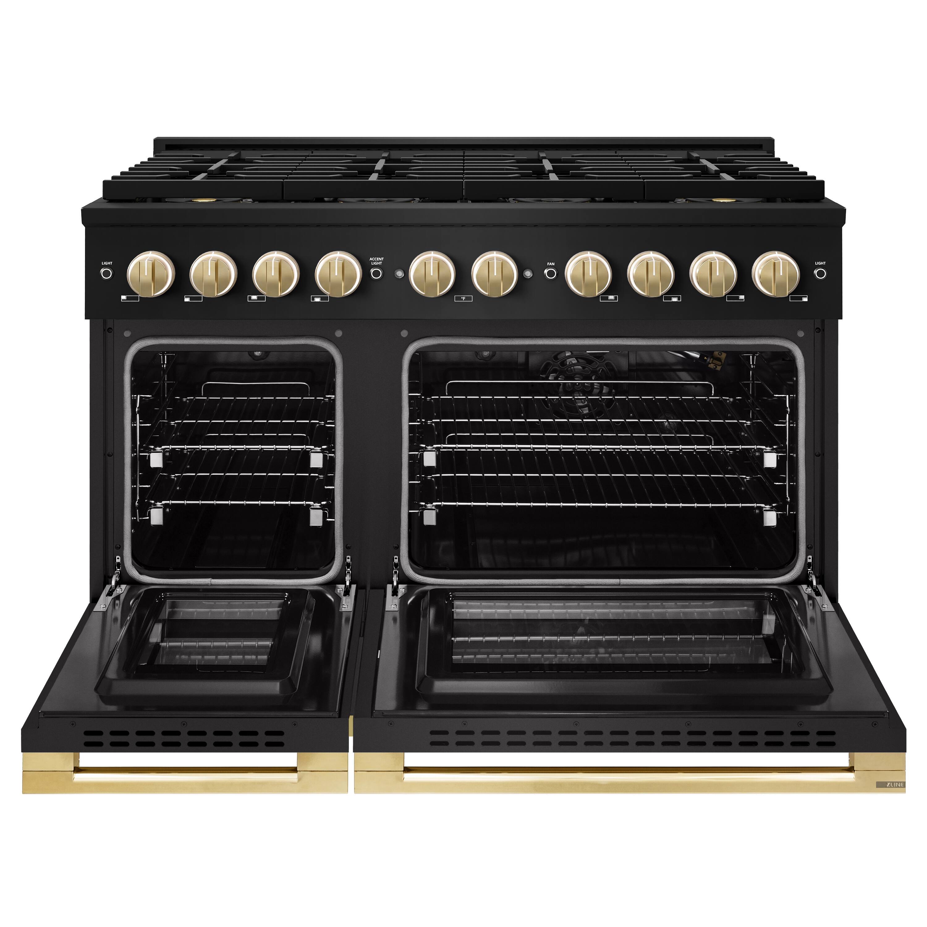 Angle. ZLINE - Autograph 48 in. 6.7 cu. ft. Double Oven Marino Freestanding Gas Range with DuoPro Cooktop with Gold Accents - Black Stainless Steel.