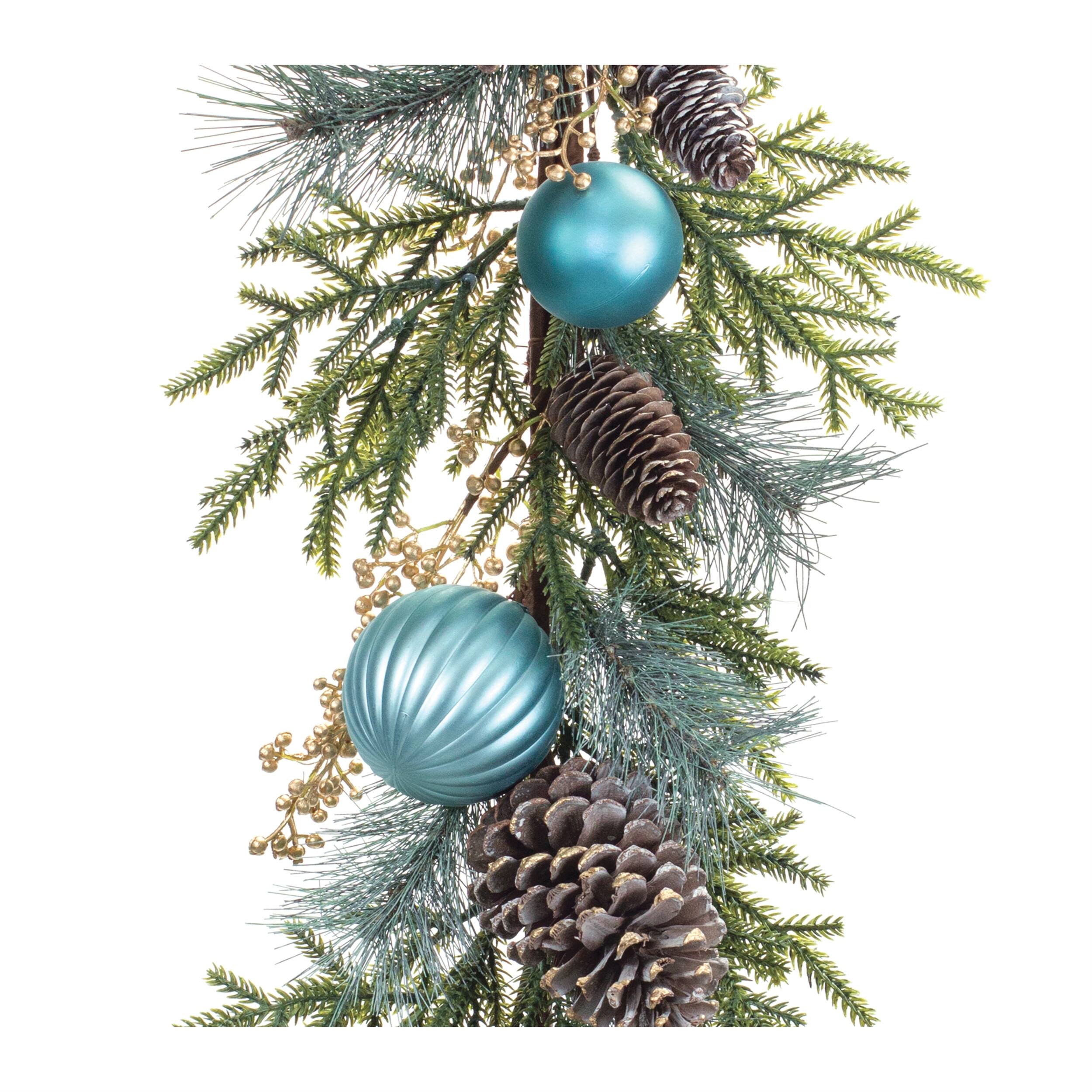 Angle. BreeBe - Decorated Holiday Pine Garland 6'L - Green, Blue.