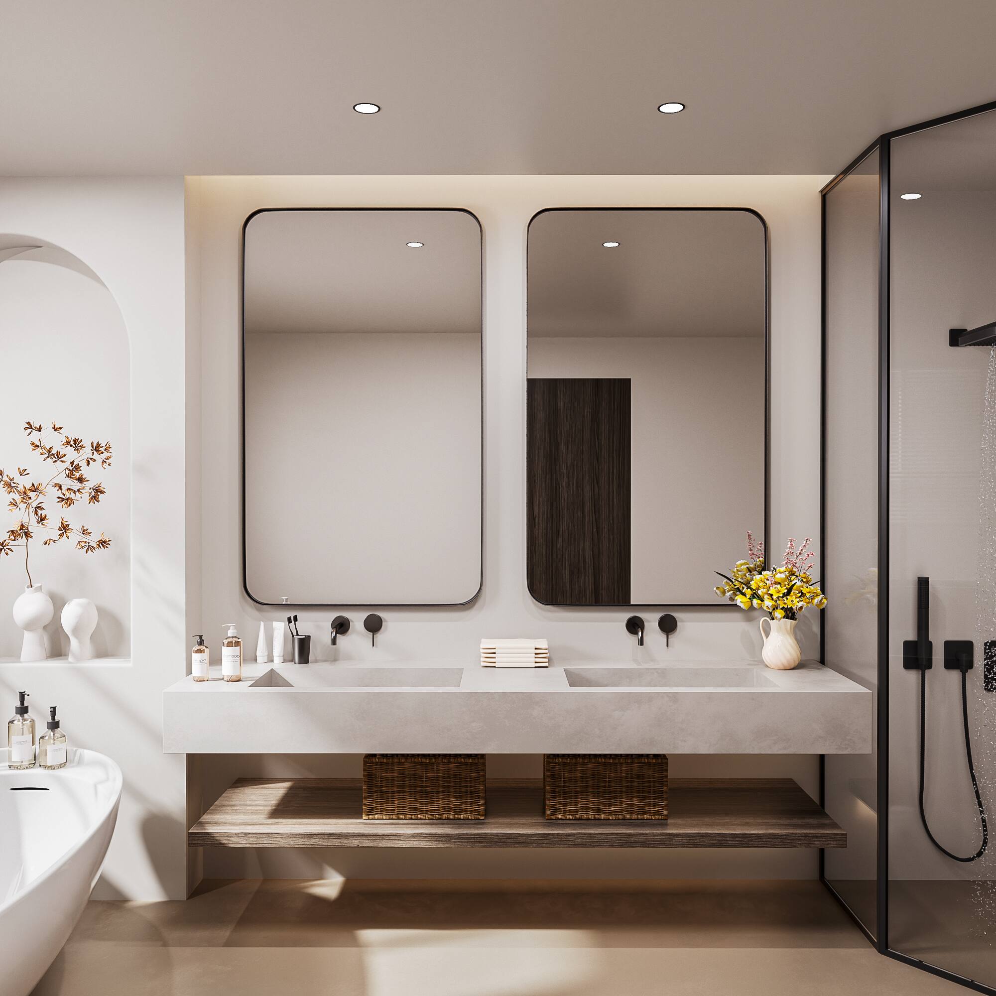 Alt View 13. LOVMOR - Tempered Glass Rounded Rectangle Framed Wall-Mounted Bathroom Vanity Mirror - 50" x 30" - Black.