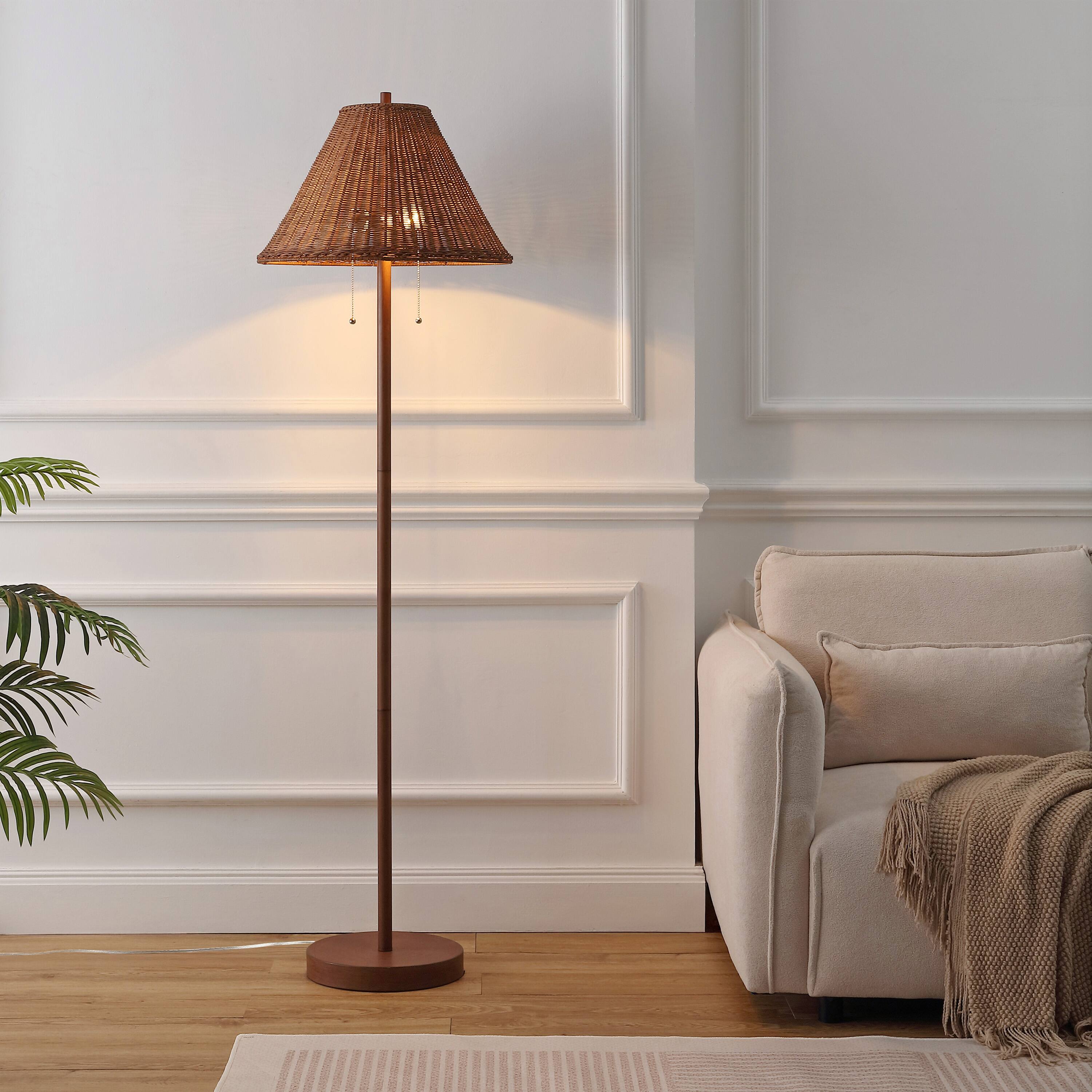 Alt View 1. Jonathan Y - Nando 61" 2-Light Coastal Bohemian Iron/Rattan LED Floor Lamp with Pull-Chain, Dark Brown Wood Finish - Dark Brown Wood Finish.