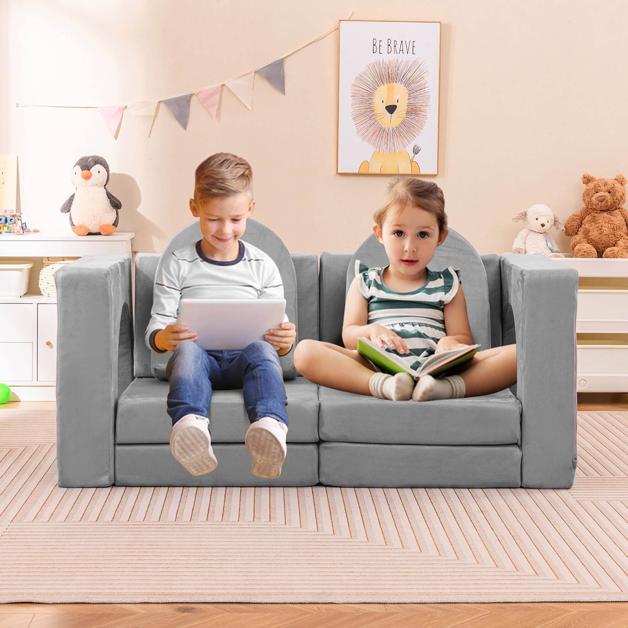 Alt View 1. Gymax - Gymax 8 PCS Modular Kids Play Couch Sofa w/ Suede Fabric Cover High-Density Foam Grey - Grey.
