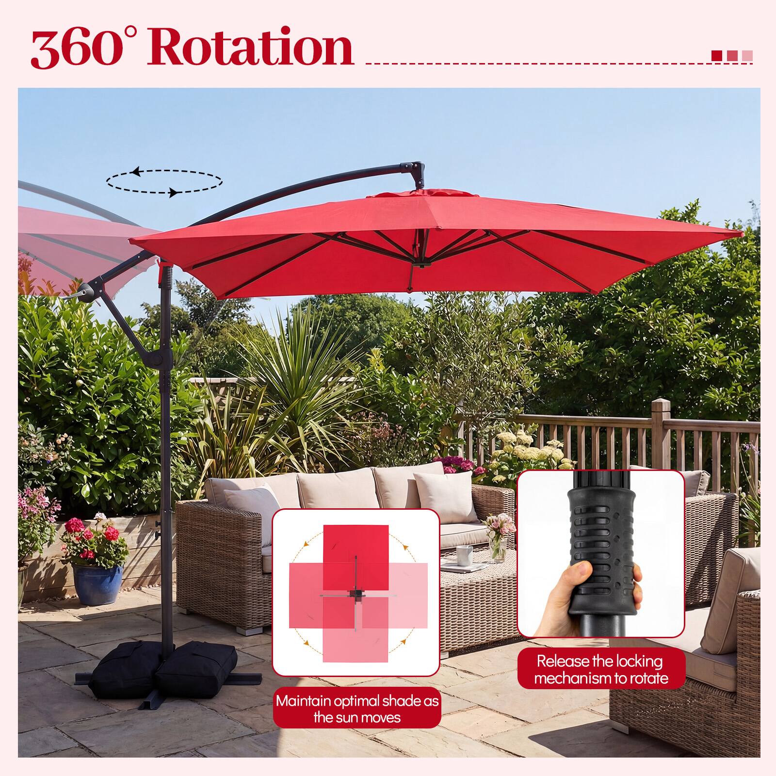 360° Rotation

Maintain optimal shade as the sun moves

Release the locking mechanism to rotate