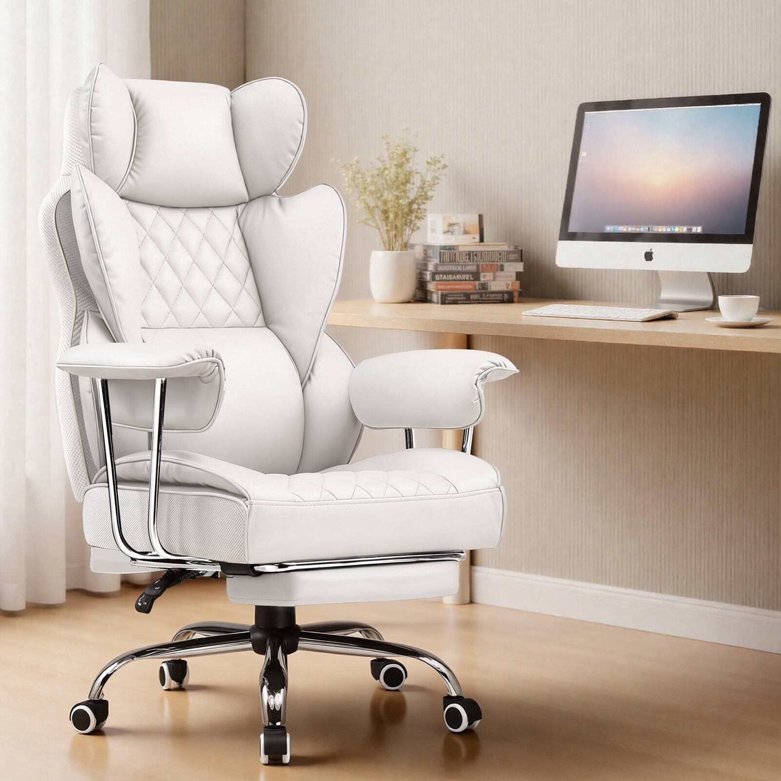 CloudRest Pro - 400lbs Heavy Duty Office Chair Faux Leather Wide Ergonomic Comfy Executive Chair - White