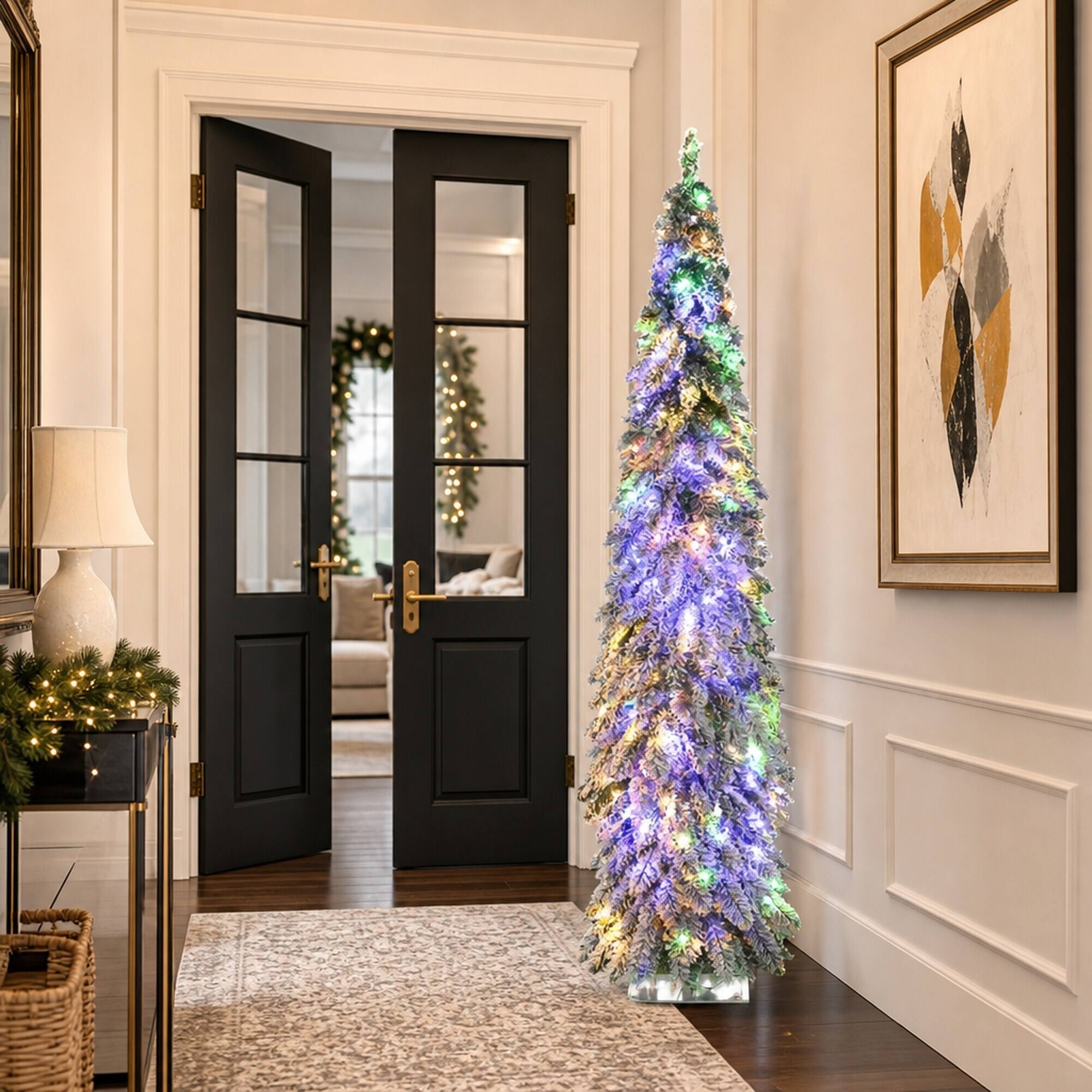 Alt View 2. RYHNUYNE - Pre-Lit Slim Flocked Christmas Tree With Warm White or Colorful LED Lights and Snow Frosted Branches - Green.