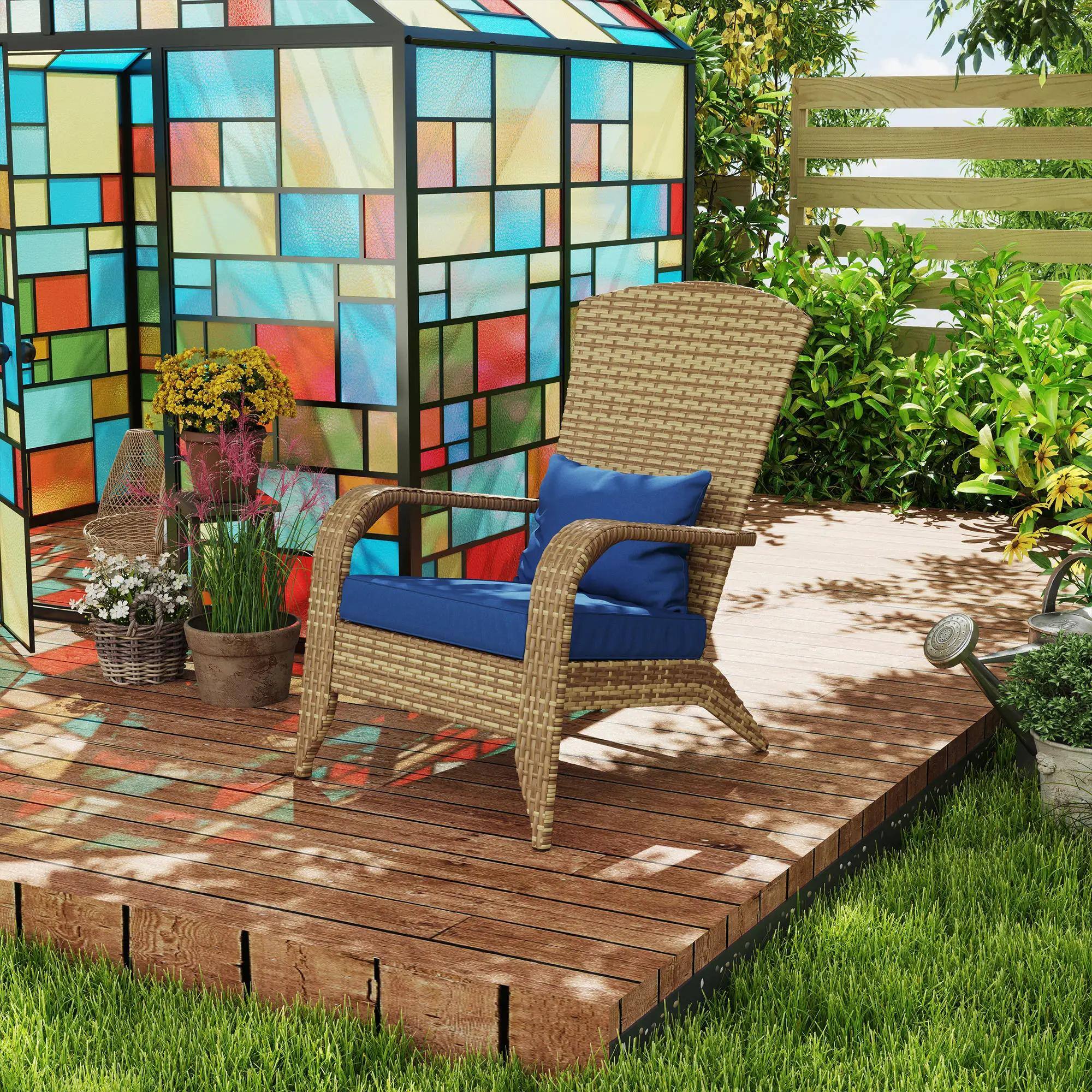 Left. Resenkos - Resenkos Adirondack Rattan Chair, Cozy Soft Cushions, Tall Curve Back, Outdoor Deck Seating, Blue - Blue.