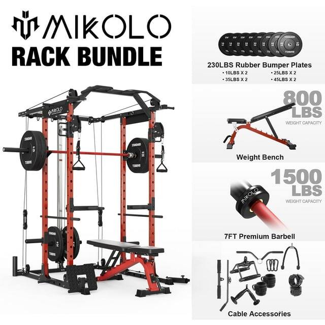 MIKOLO 7% - 7S TS - RACK BUNDLE 230LBS Rubber Bumper Plates 10LBS x 2 25LBS x 2 35LBS x 2 45LBS x 2 800 LBS WEIGHT CAPACITY Weight Bench 1500 LBS WEIGHT CAPACITY 7FT Premium Barbell Cable Accessories