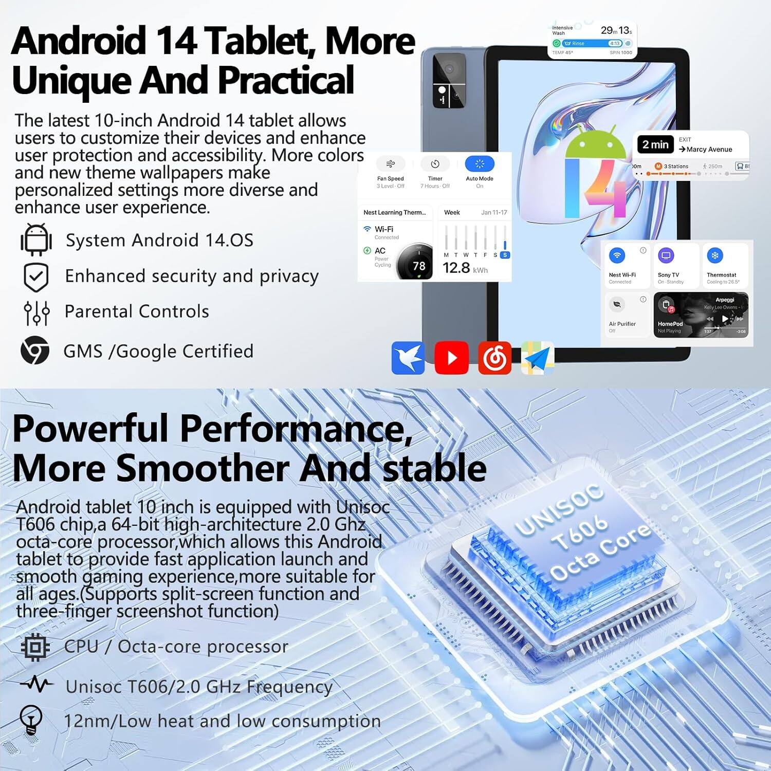 **Android 14 Tablet, More Unique And Practical**

The latest 10-inch Android 14 tablet allows users to customize their devices and enhance user protection and accessibility. More colors and new theme wallpapers make personalized settings more diverse and enhance user experience.

- **System Android 14.0S**
- **Enhanced security and privacy**
- **Parental Controls**
- **GMS / Google Certified**

**Powerful Performance, More Smoother And stable**

Android tablet 10 inch is equipped with Unisoc T606 chip, a 64-bit high-architecture 2.0 GHz octa-core processor, which allows this Android tablet to provide fast application launch and smooth gaming experience, more suitable for all ages. (Supports split-screen function and three-finger screenshot function)

- **CPU / Octa-core processor**
- **Unisoc T606/2.0 GHz Frequency**
- **12nm/Low heat and low consumption**