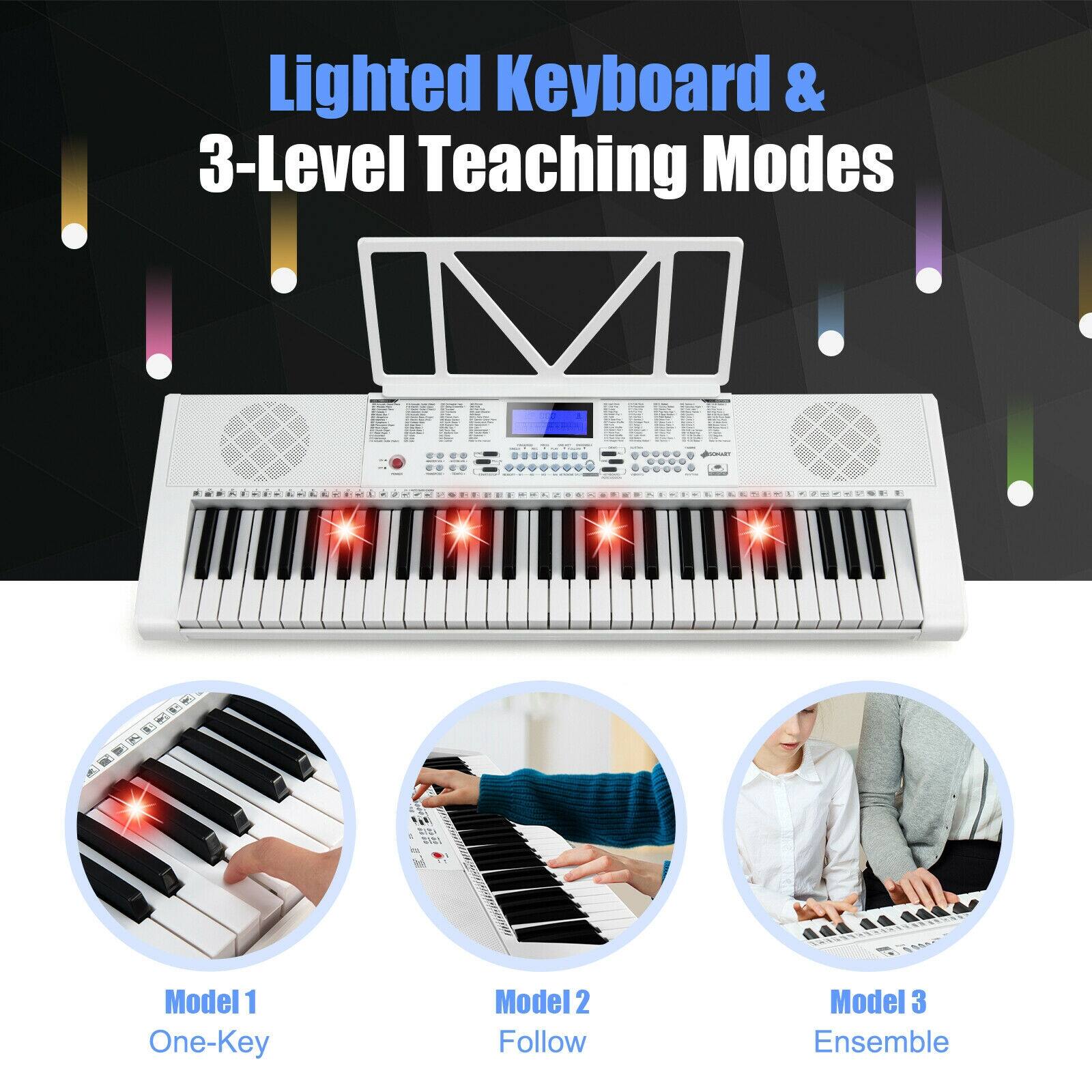 Lighted Keyboard & 3-Level Teaching Modes

Model 1: One-Key

Model 2: Follow

Model 3: Ensemble