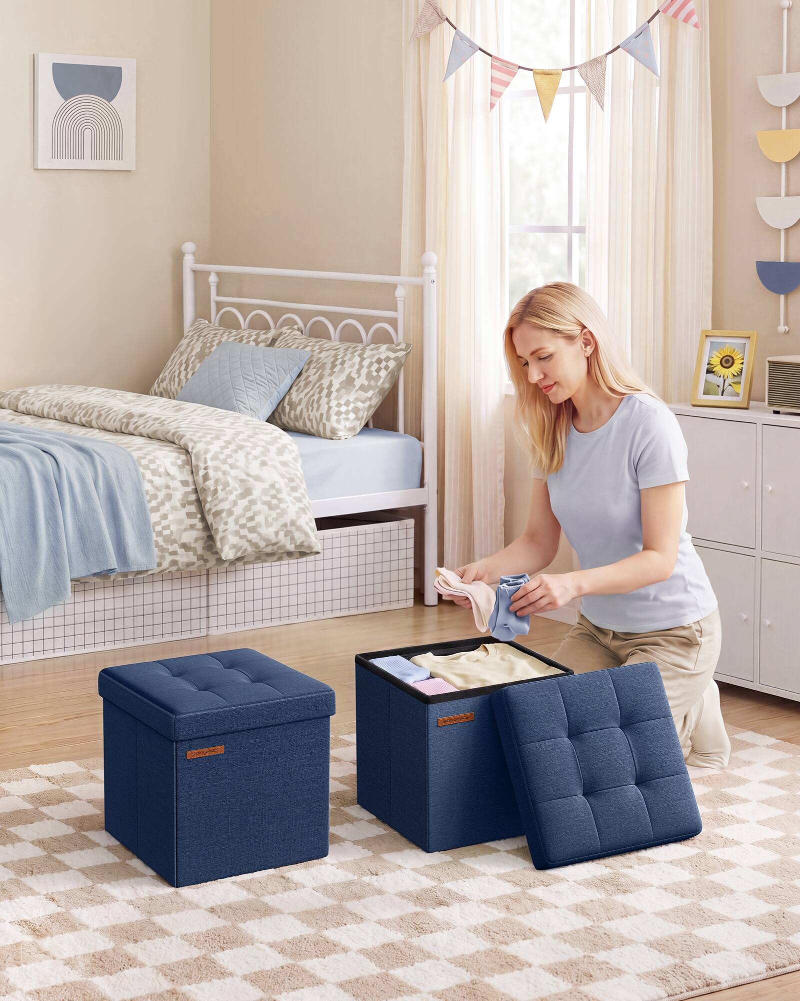 Alt View 3. Songmics Home - Storage Ottoman, Foldable Small Ottoman Foot Rest, 11.8 Inches Foot Stool, Cube Ottoman with Storage, Load up to 286 lb - Midnight Blue.