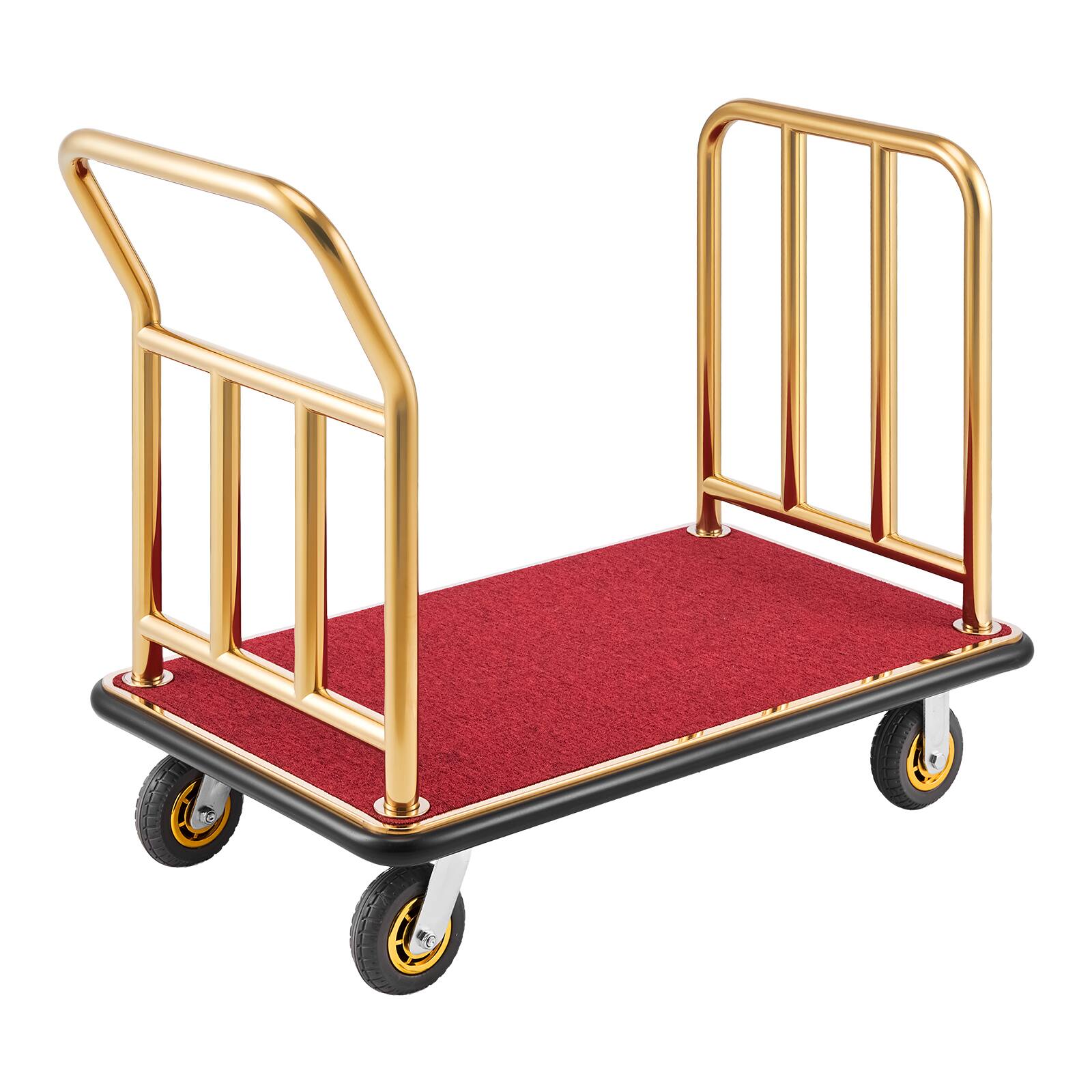 Alt View 5. VEVOR - Hotel Luggage Cart, 750 lbs Heavy Duty Bellman Cart with Stainless Steel Frame, 6 in Rubber Wheels, Red Carpeted Deck - Gold.