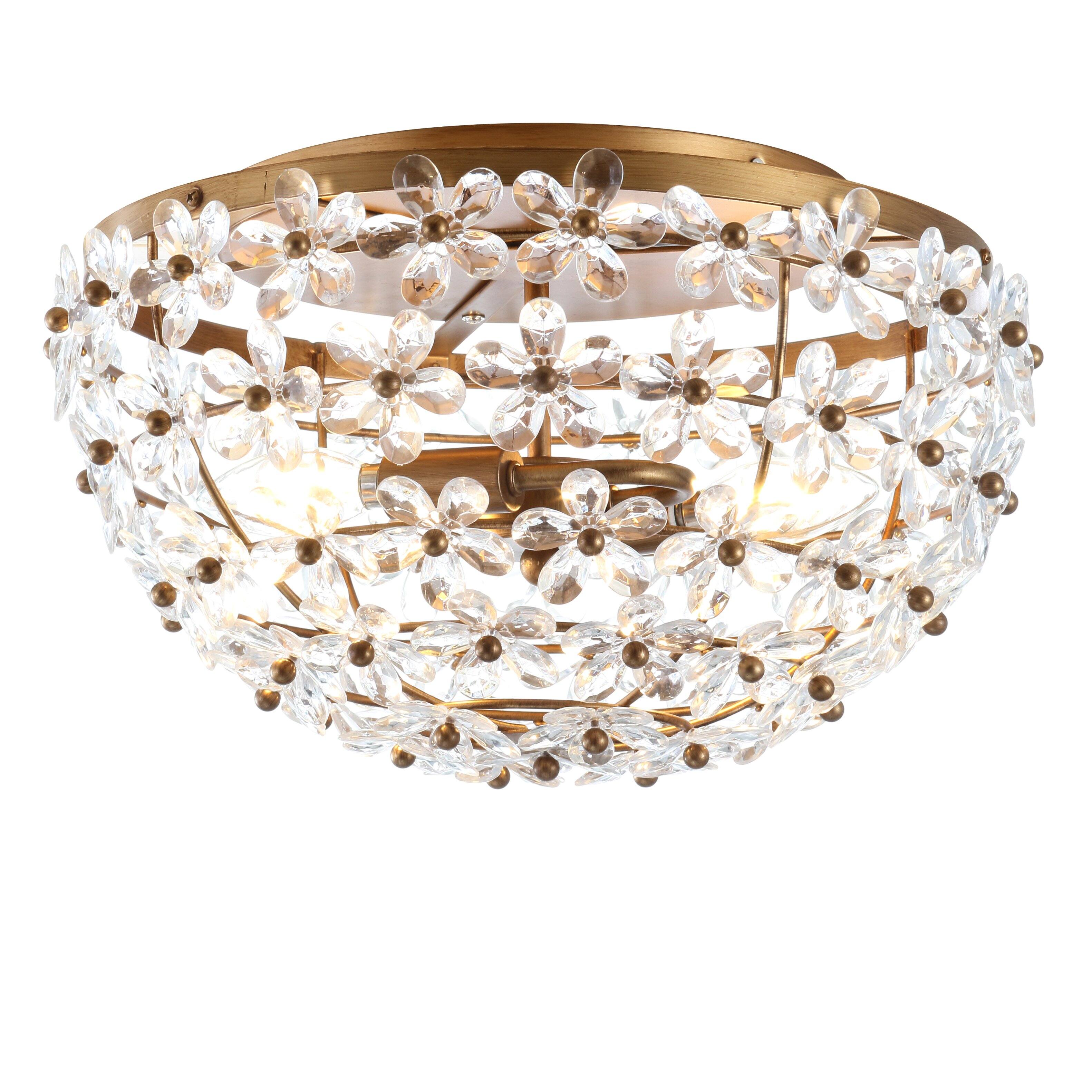 Front. Jonathan Y - Isabelle 15.5" 2-Light Modern Glam Metal Dome LED Flush Mount with Crystal Flower Accents, Antique Gold/Clear - Antique Gold.