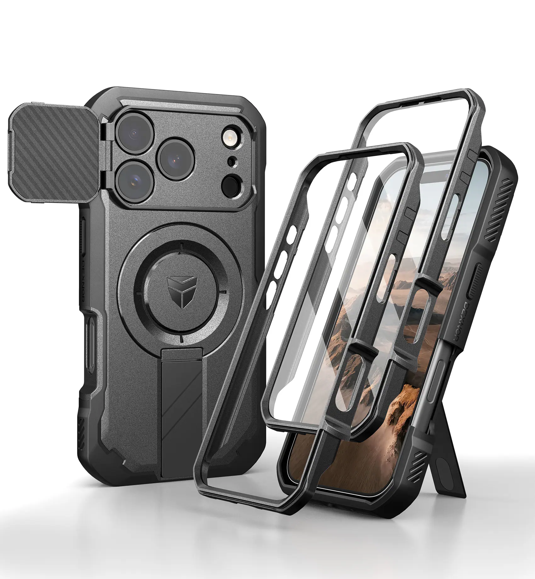 dexnor - iPhone 17 Pro Case: 2 Front Frames, Flip Cam Cover, Kickstand, Mag,Screen Protector, 6.3in - Black