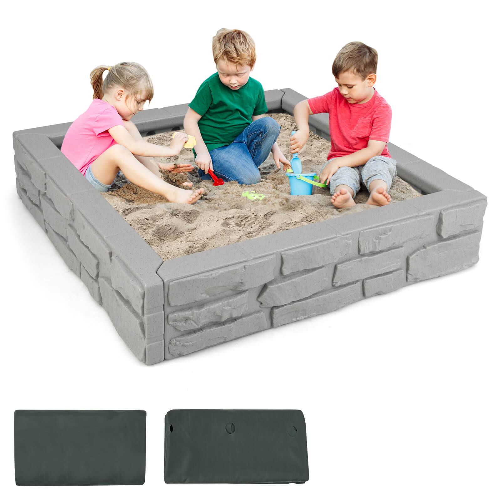 Alt View 1. Costway - Costway Kids Sandbox with Cover Bottom Liner Backyard Beach HDPE Sandpit for Outdoor Play - Gray.