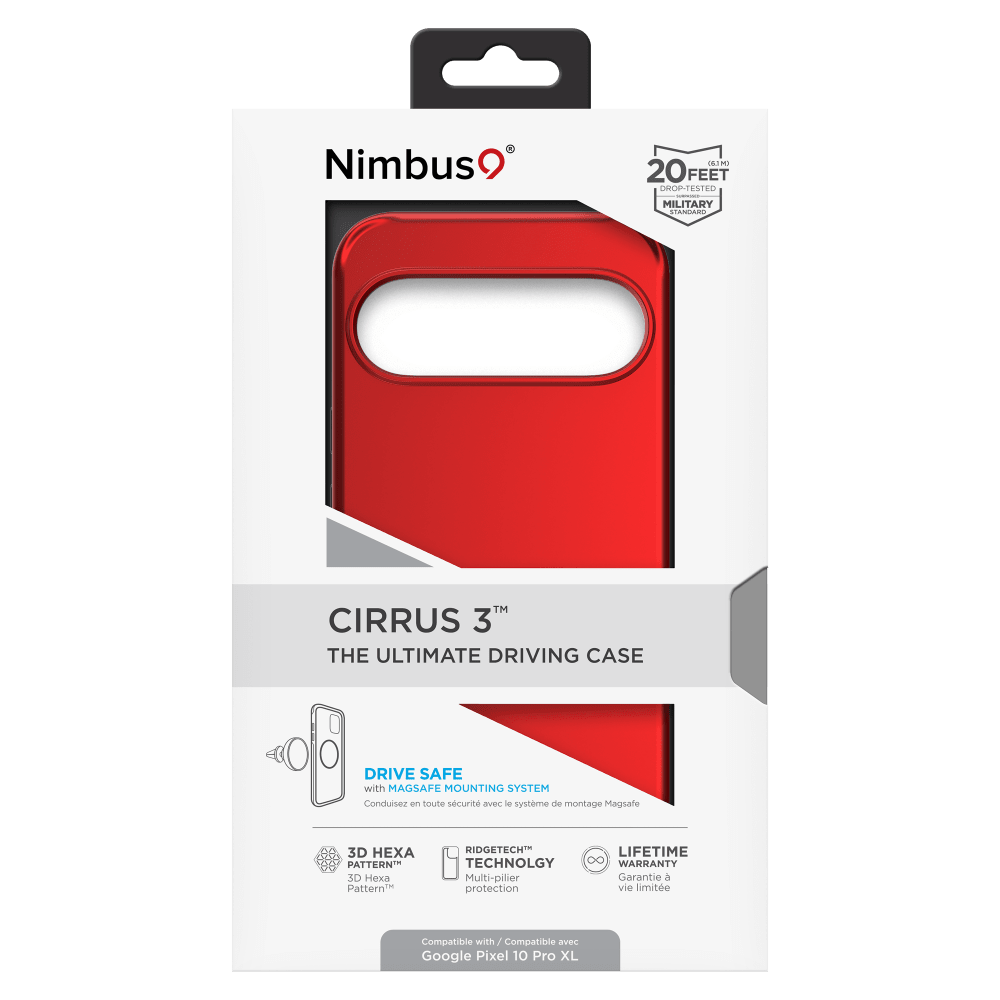 Nimbus  
(63M) 20 FEET DROP-TESTED  
MILITARY STANDARD  
CIRRUS 3" THE ULTIMATE DRIVING CASE  
DRIVE SAFE with MAGSAFE MOUNTING SYSTEM  
Conduisez en toute sécurité avec le système de montage MagSafe  
3D HEXA PATTERN 3D Pattern™  
RIDGETECH LIFETIME TECHNOLOGY 8 WARRANTY Multi-pilier Garantie à vie limitée  
Compatible with Google Pixel 10 Pro XL