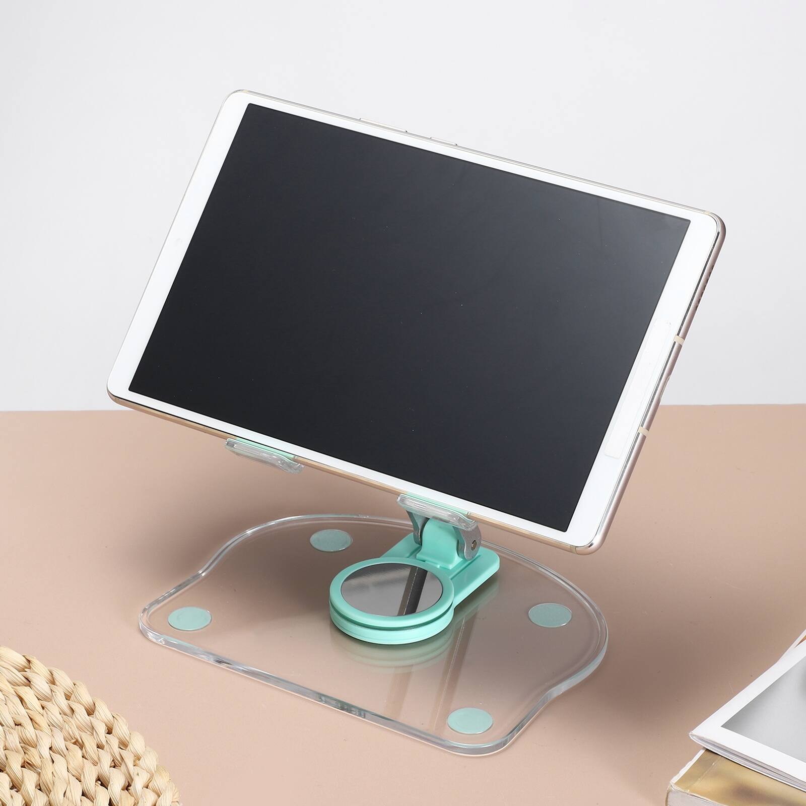 Alt View 5. Unique Bargains - 2pcs Acrylic Tablet Stand, Adjustable Foldable Portable Clear with 360 Degree Rotating Base for Desk Home Office - Green White.