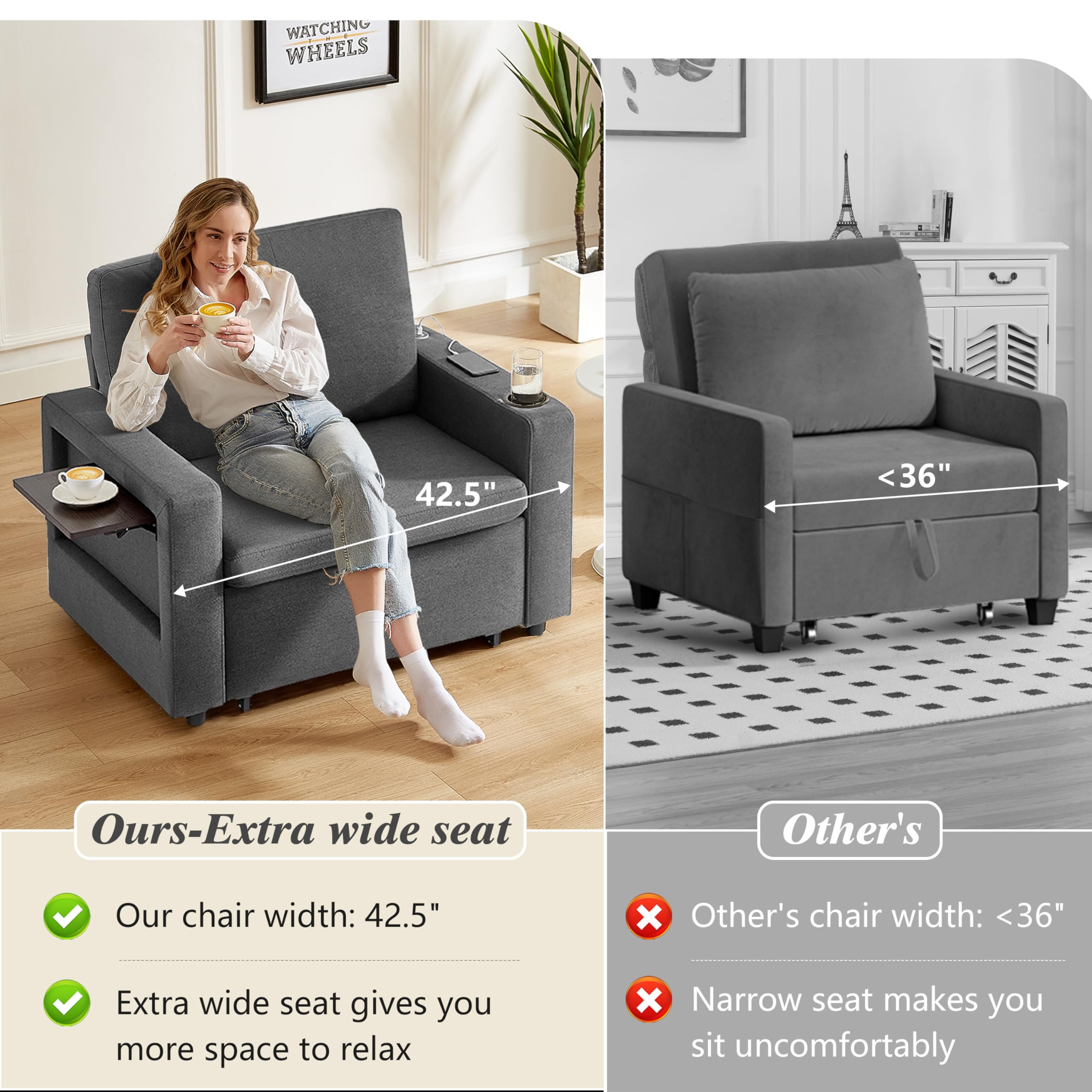 **Ours-Extra wide seat**

- Our chair width: 42.5"
- Extra wide seat gives you more space to relax

**Other's**

- Other's chair width: <36"
- Narrow seat makes you sit uncomfortably