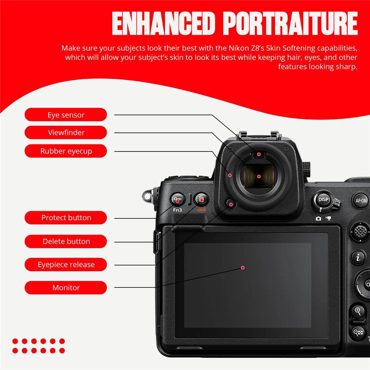 ENHANCED PORTRAITURE

Make sure your subjects look their best with the Nikon Z8's Skin Softening capabilities, which will allow your subject's skin to look its best while keeping hair, eyes, and other features looking sharp.

- Eye sensor
- Viewfinder
- Rubber eyecup
- Protect button
- Delete button
- Eyepiece release
- Monitor