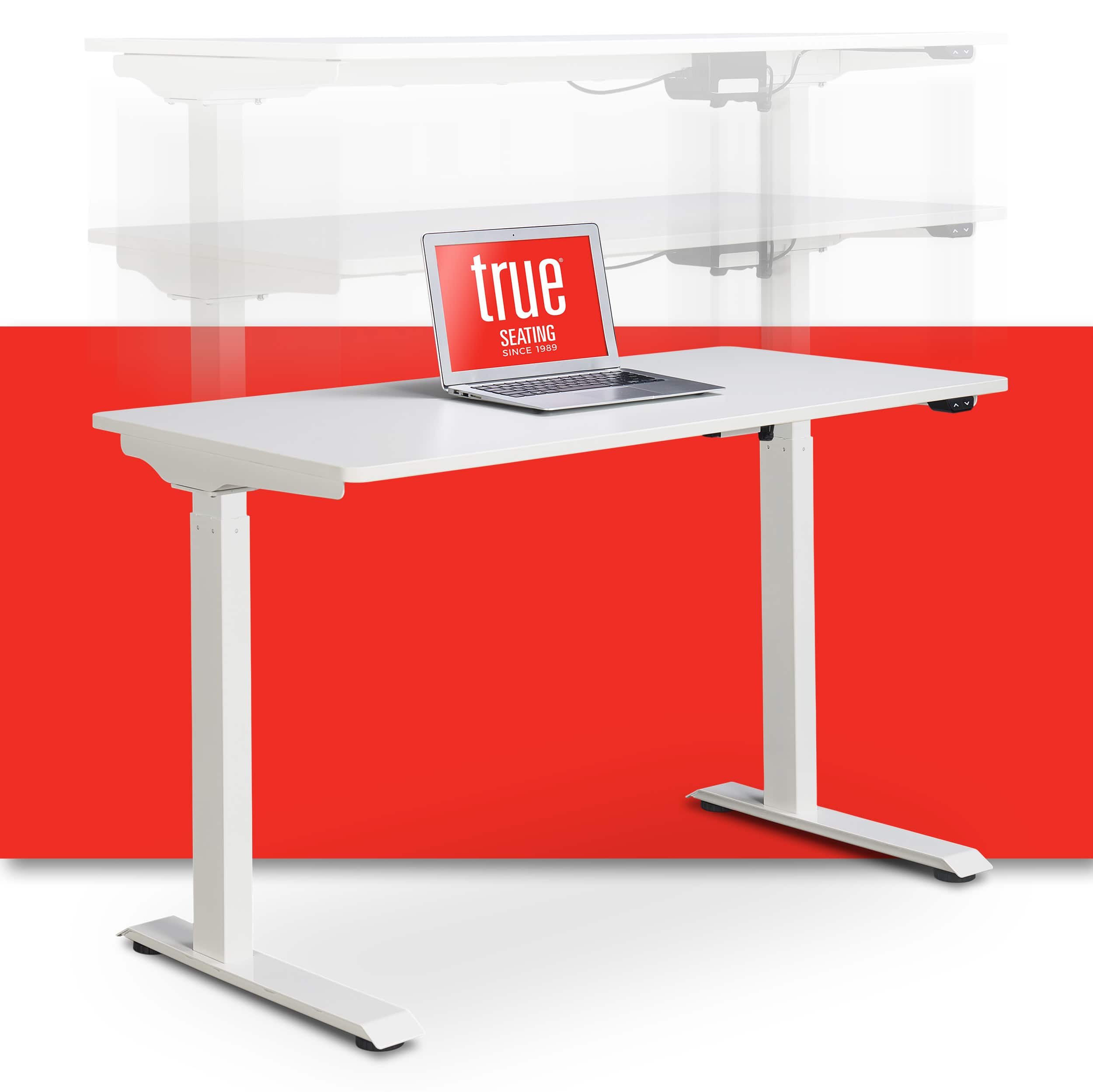 The image features a white desk with a laptop on it. The desk is placed on a white stand, and there is a red background behind it. The laptop is open and positioned towards the center of the desk. The text "true" is displayed on the laptop screen, which might be a reference to the brand or a message. The desk and laptop together create a modern workspace.