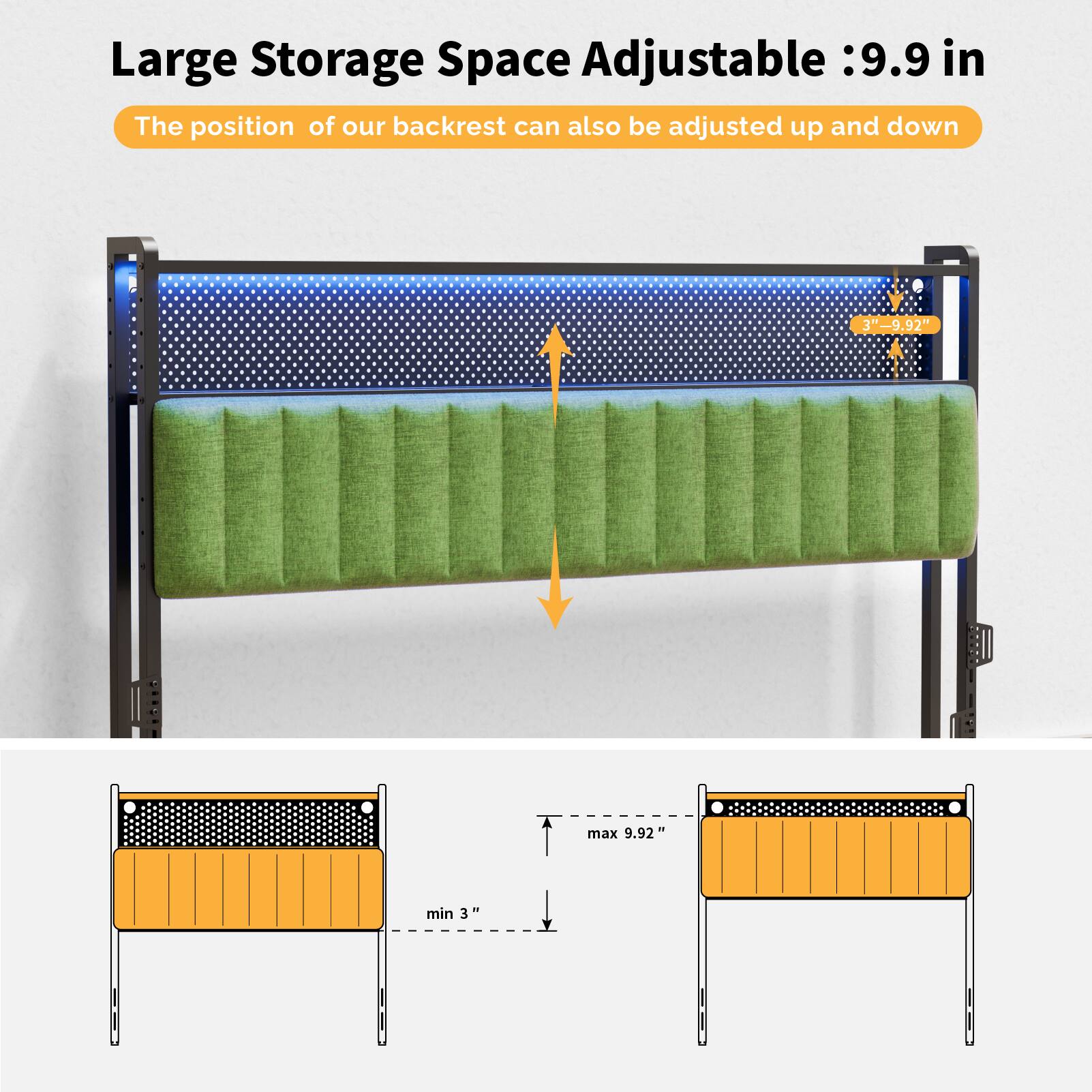 Large Storage Space Adjustable: 9.9 in  
The position of our backrest can also be adjusted up and down  
3"-9.92" max 9.92" min 3"