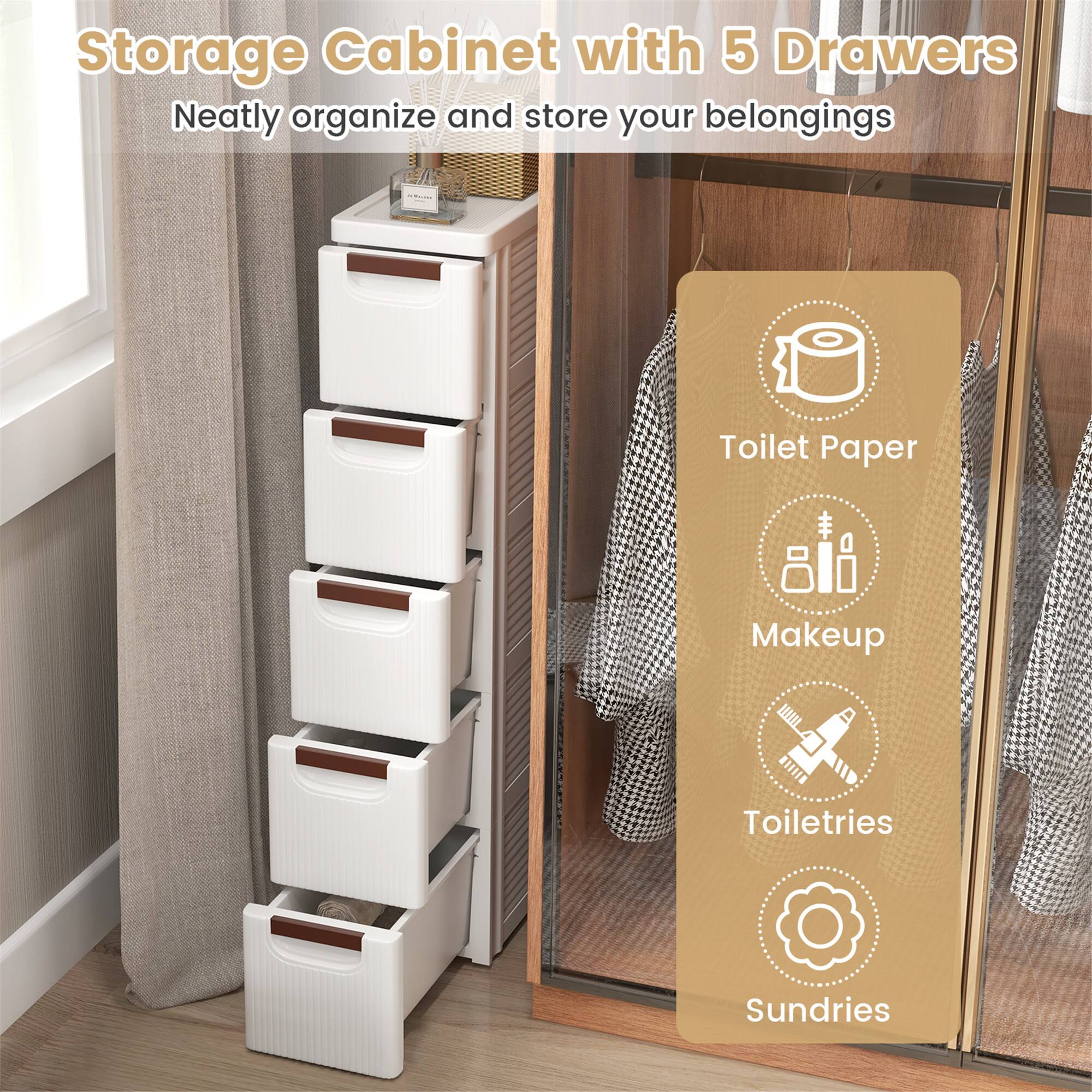 Storage Cabinet with 5 Drawers  
Neatly organize and store your belongings  

Toilet Paper  
Makeup  
Toiletries  
Sundries