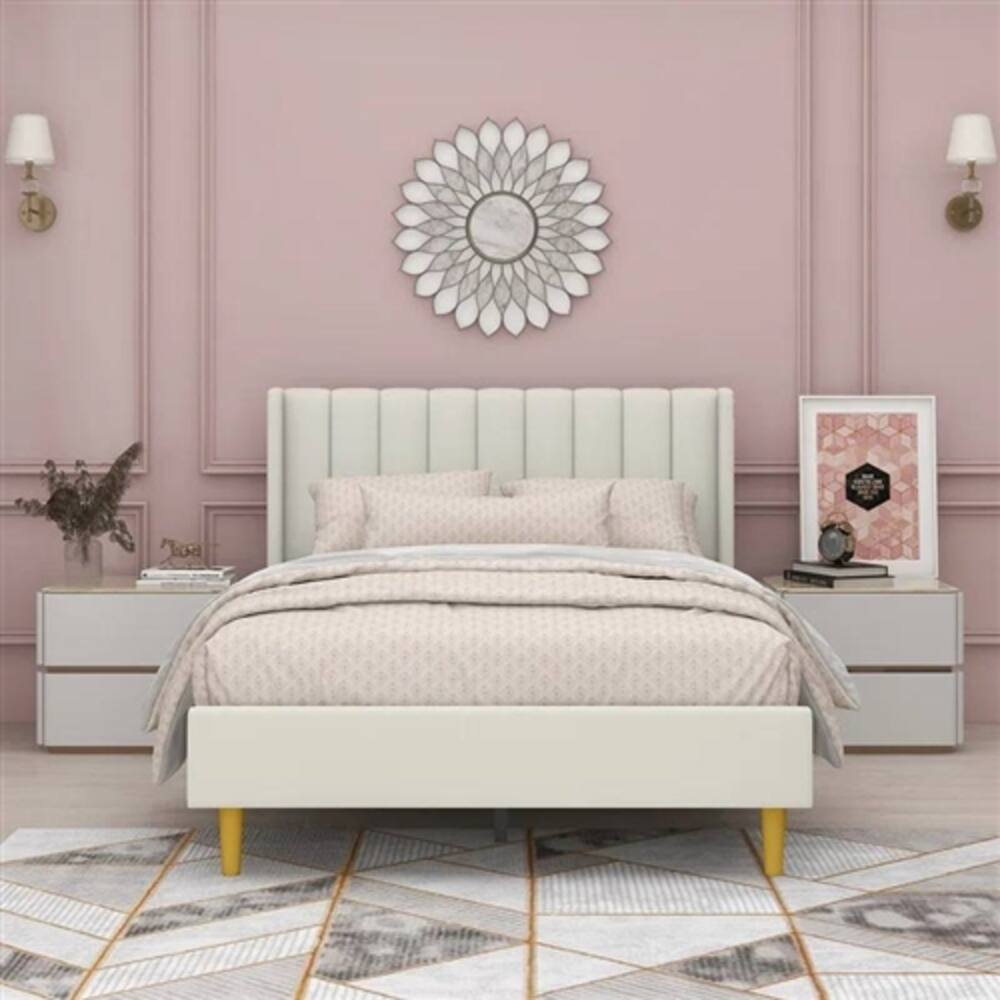 Angle. Hivvago - Full size Mid-Century Platform Bed Frame with Cream Velvet Upholstered Headboard - Cream.