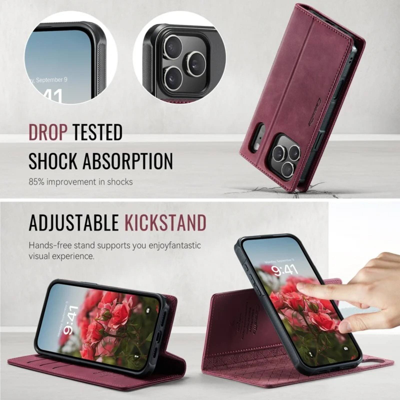 September 9 9:41

DROP TESTED SHOCK ABSORPTION
85% improvement in shocks

ADJUSTABLE KICKSTAND
Hands-free stand supports you enjoy fantastic visual experience.