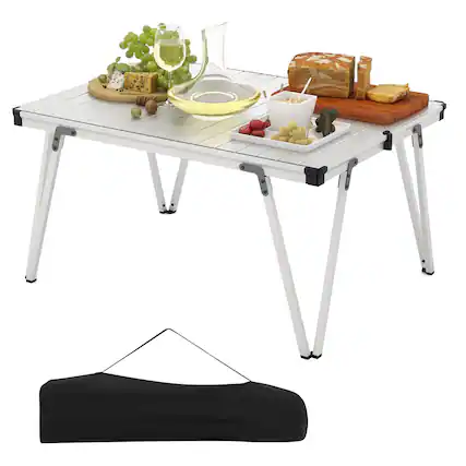 Front. Costway - Folding Camping Table w/ Storage Bag and Waterproof Desktop Aluminum Structure - Silver.