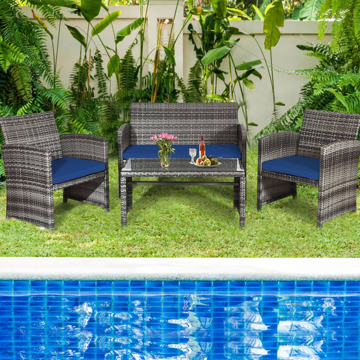 Alt View 5. Costway - Costway 8PCS Patio Rattan Furniture Set Conversation Glass Table Top Sofa Cushioned - Navy.