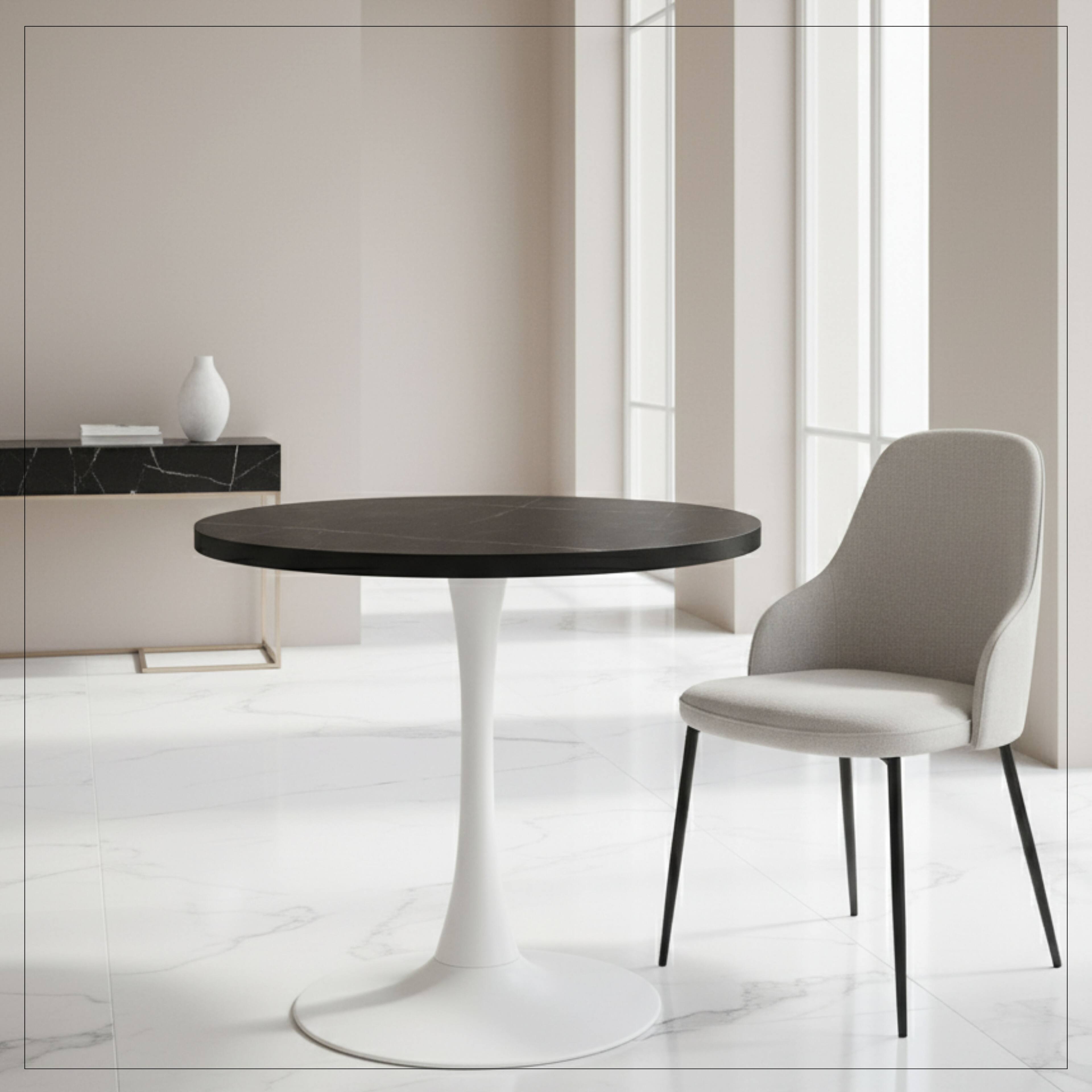 Angle. LeisureMod - Bristol 36" Round Contemporary Dining Table - MDF Circular Top & White Metal Pedestal Base for Kitchens - MDF - Black.