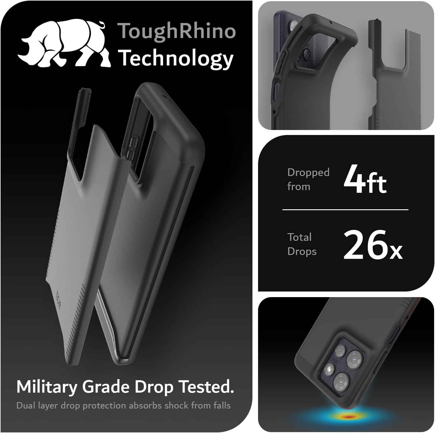 ToughRhino Technology

Dropped from 4ft  
Total Drops 26x

Military Grade Drop Tested.  
Dual layer drop protection absorbs shock from falls
