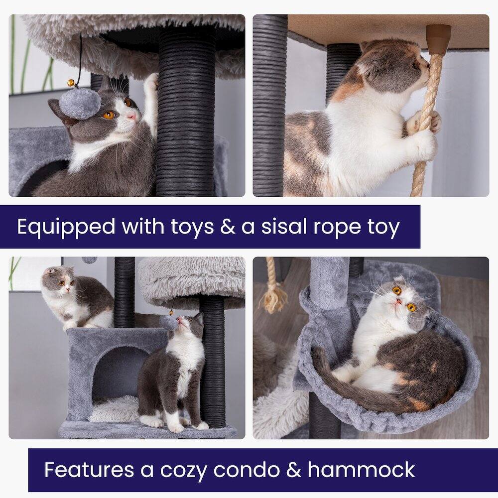 Equipped with toys & a sisal rope toy  
Features a cozy condo & hammock