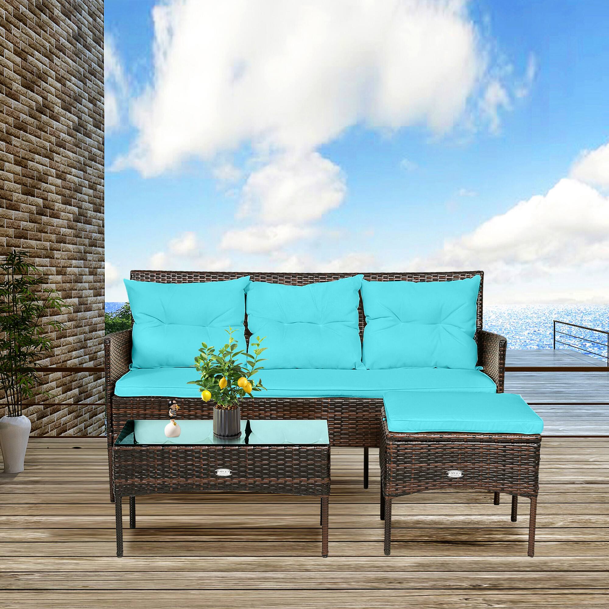 Alt View 3. Gymax - Gymax 3PCS Patio Rattan Sectional Conversation Furniture Set w/ Turqouise Cushions - Turqouise.