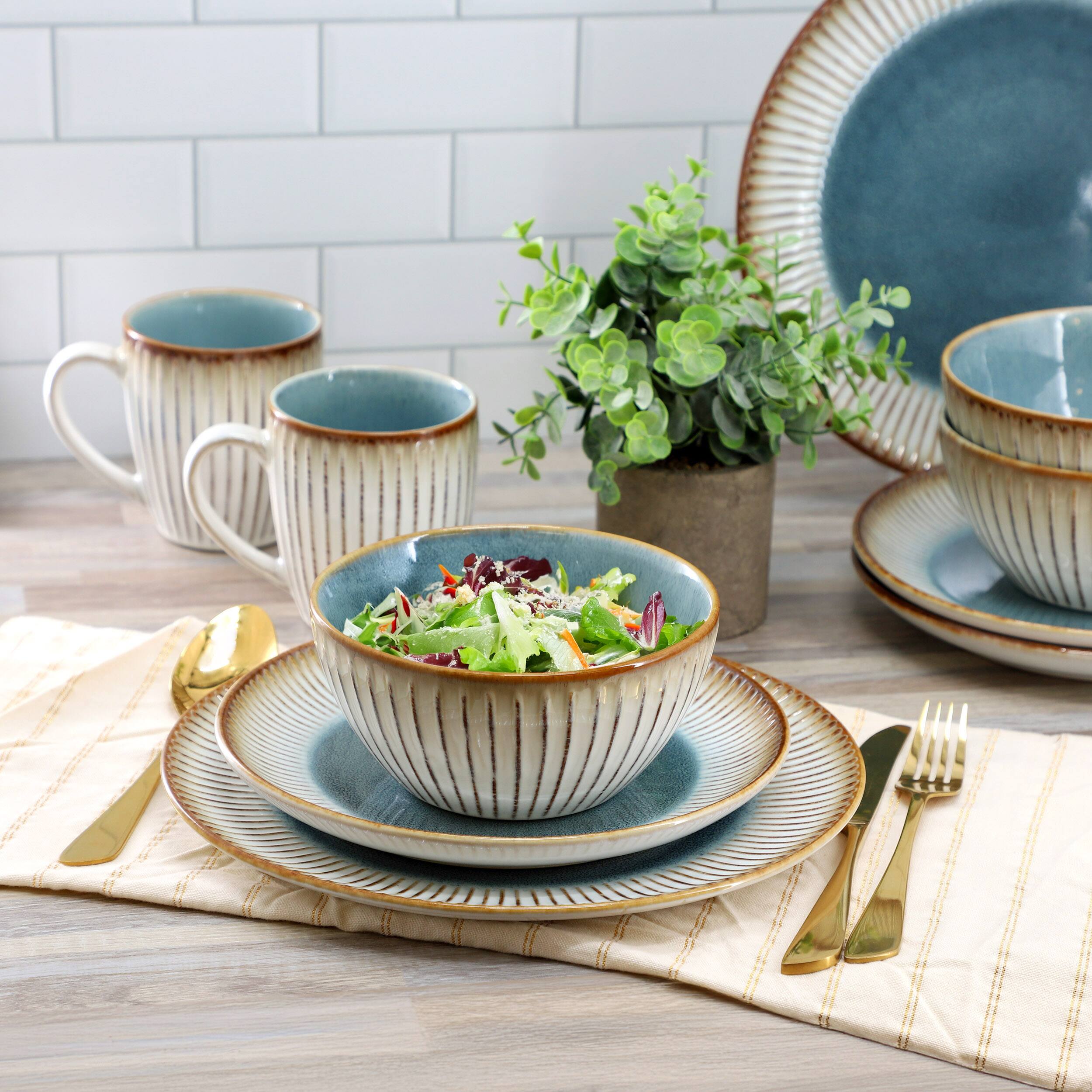 Alt View 7. Elama - Elama Louann 16 Piece Stoneware Dinnerware Set in Blue and Beige - Blue and Beige.