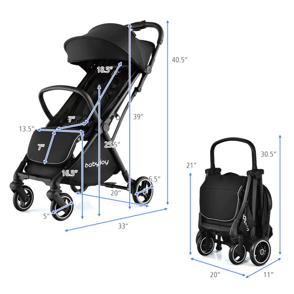Sure, here is the corrected and grouped text from the image:

- **Stroller:**
  - 40.5" (height)
  - 18.5" (seat width)
  - 13.5" (seat depth)
  - 7" (seat height)
  - 39" (overall width)
  - 25.5" (overall depth)
  - 16.5" (seat height from ground)
  - 5" (wheel diameter)
  - 33" (overall length)

- **Luggage:**
  - 30.5" (height)
  - 21" (width)
  - 20" (depth)
  - 11" (handle height)