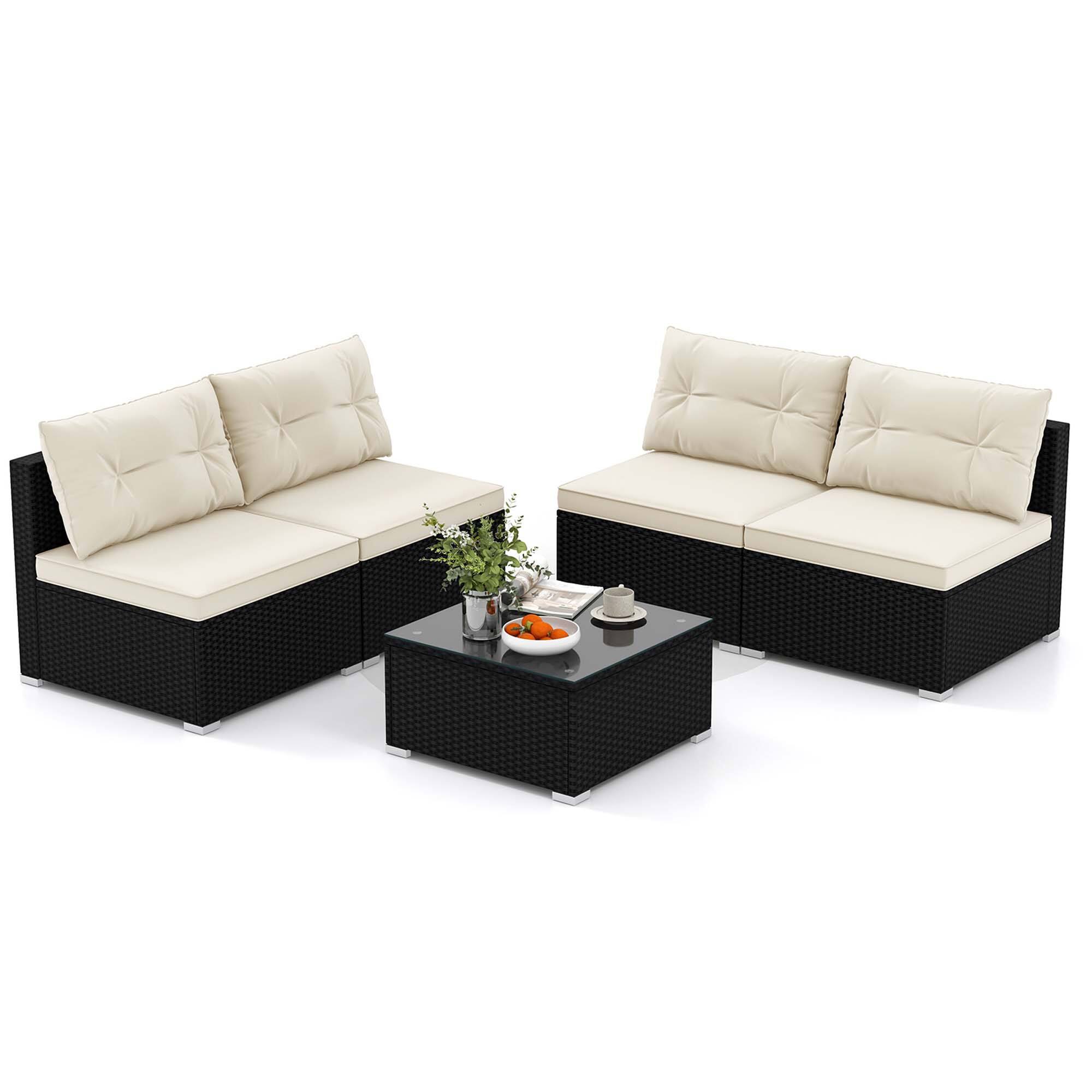 Costway - 5 Pieces Outdoor Furniture Set with Seat & Back Cushions Tempered Glass Tabletop - Black,Off White