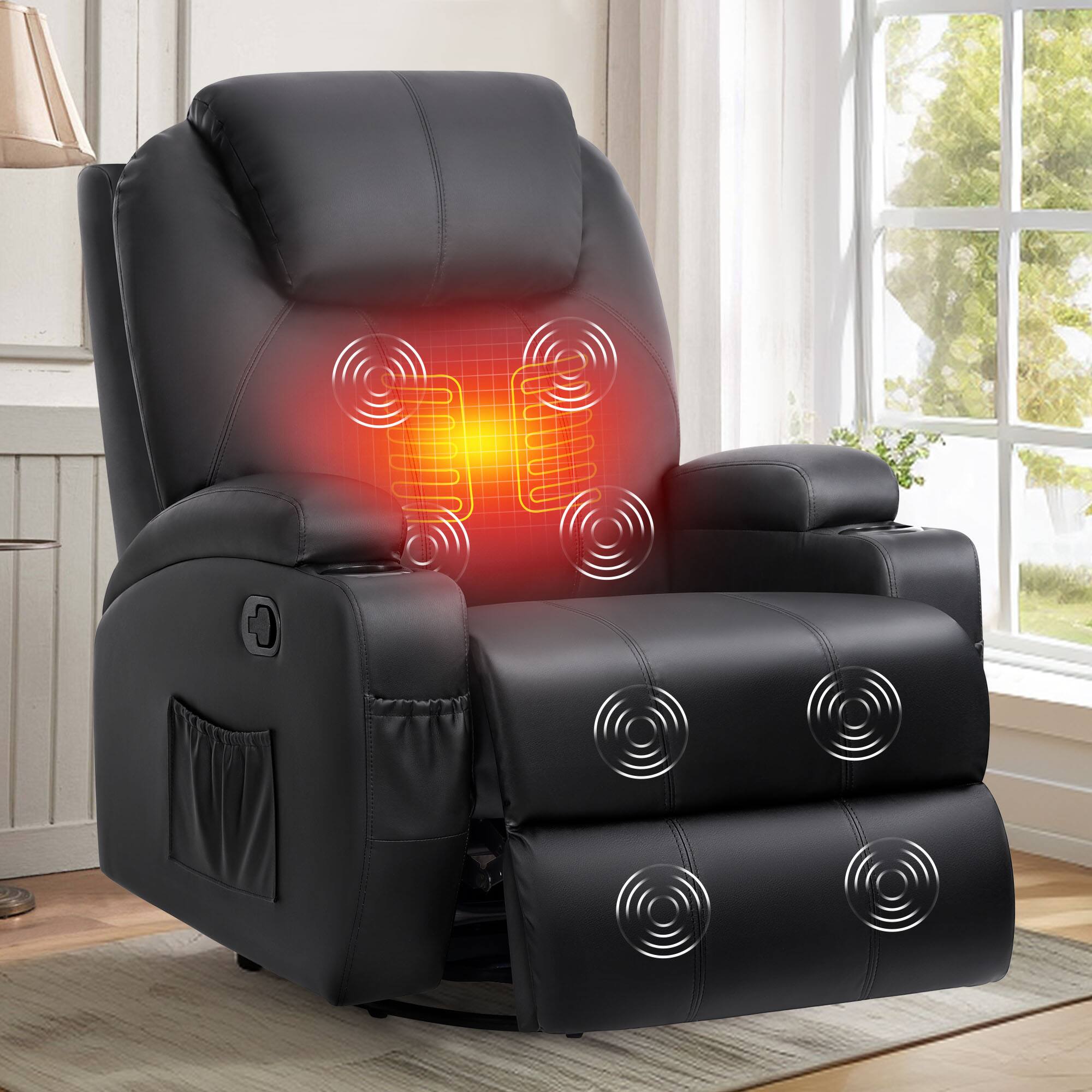 Angle. KERDOM - Massage Recliner with Heat, Power Lift, Cup Holder, Electric Single Reclining Sofa Chair Theater Seat with Massage - Black.
