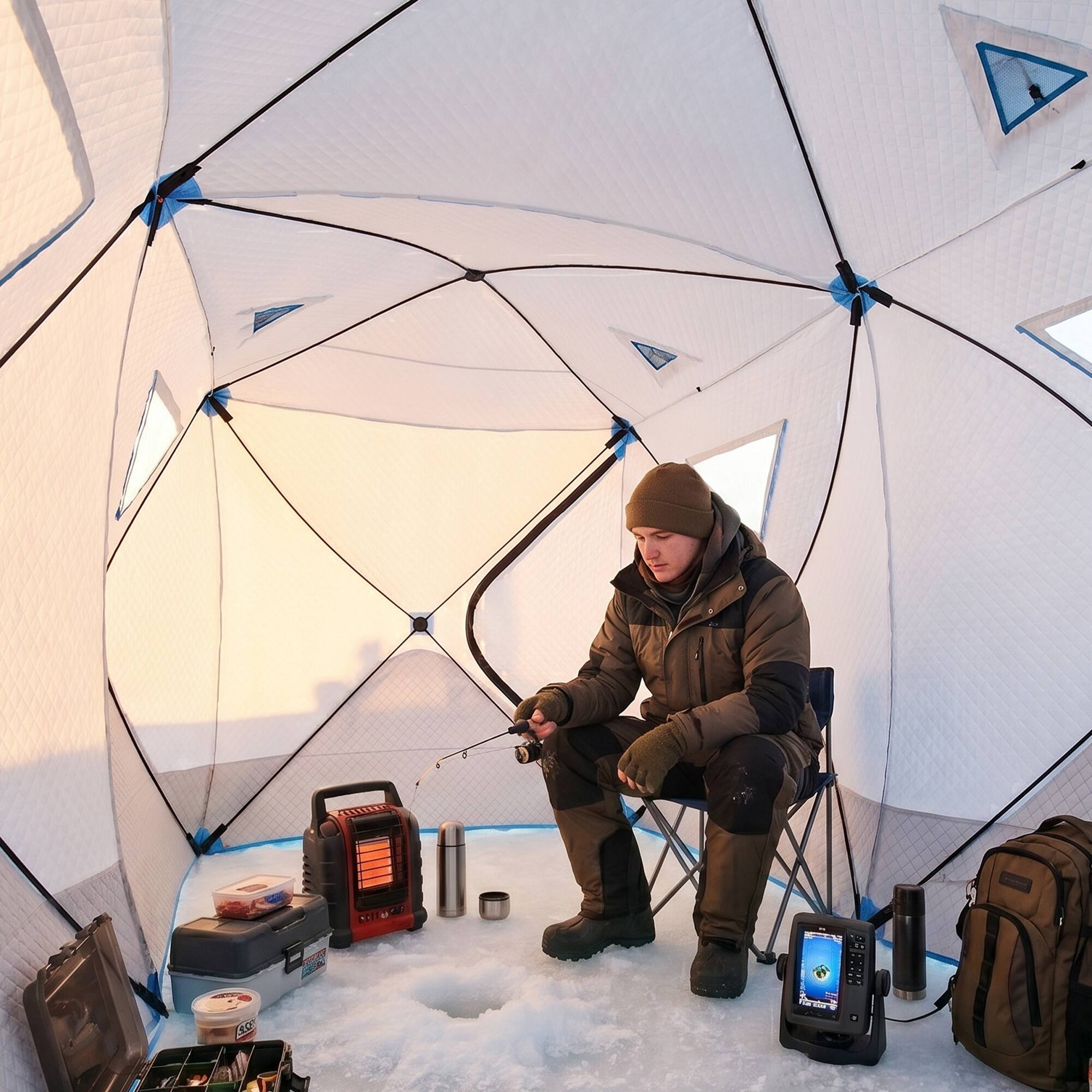 Alt View 7. Outsunny - Person Ice Fishing Shelter, Pop-up Ice Fishing Tent, Ice Shanty, Portable and Insulated, with 2 Doors and Carrying Bag - Light Blue.