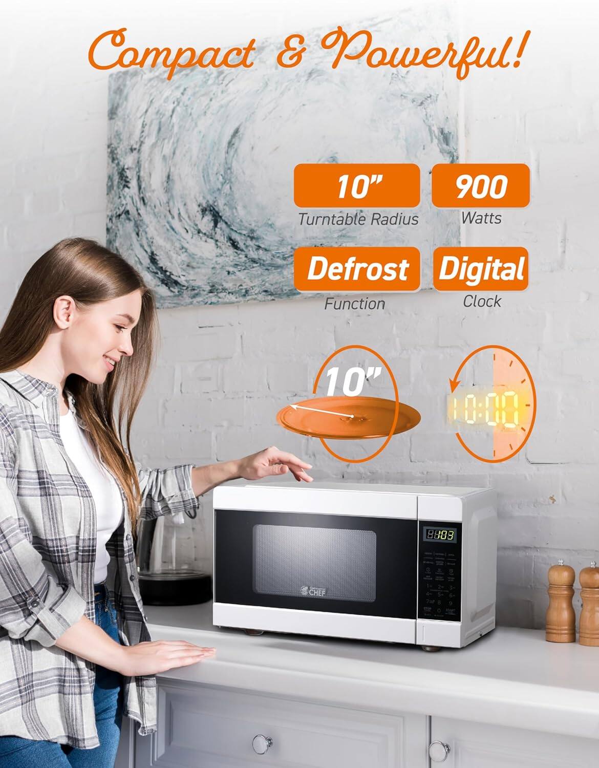 Compact & Powerful! 10" Turntable Radius 900 Watts Defrost Function Digital Clock 10:00 8889 CHEF