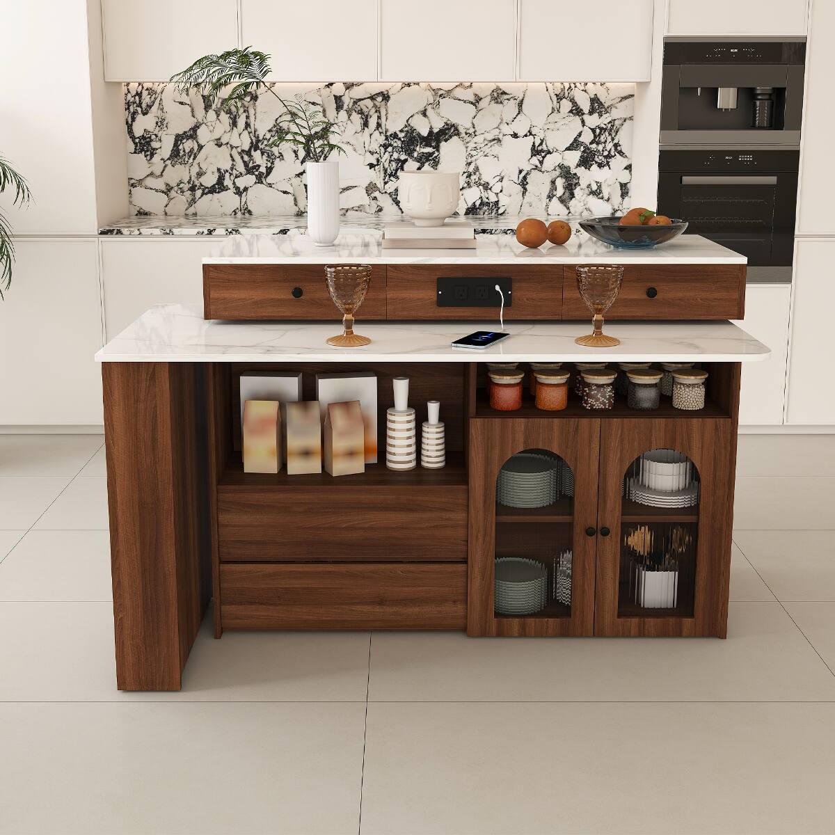 Alt View 7. Loheer - Kitchen Island with Extendable Rotating Table, Walnut Veneer Retro Design, Expandable Dining Station - White+Walnut.